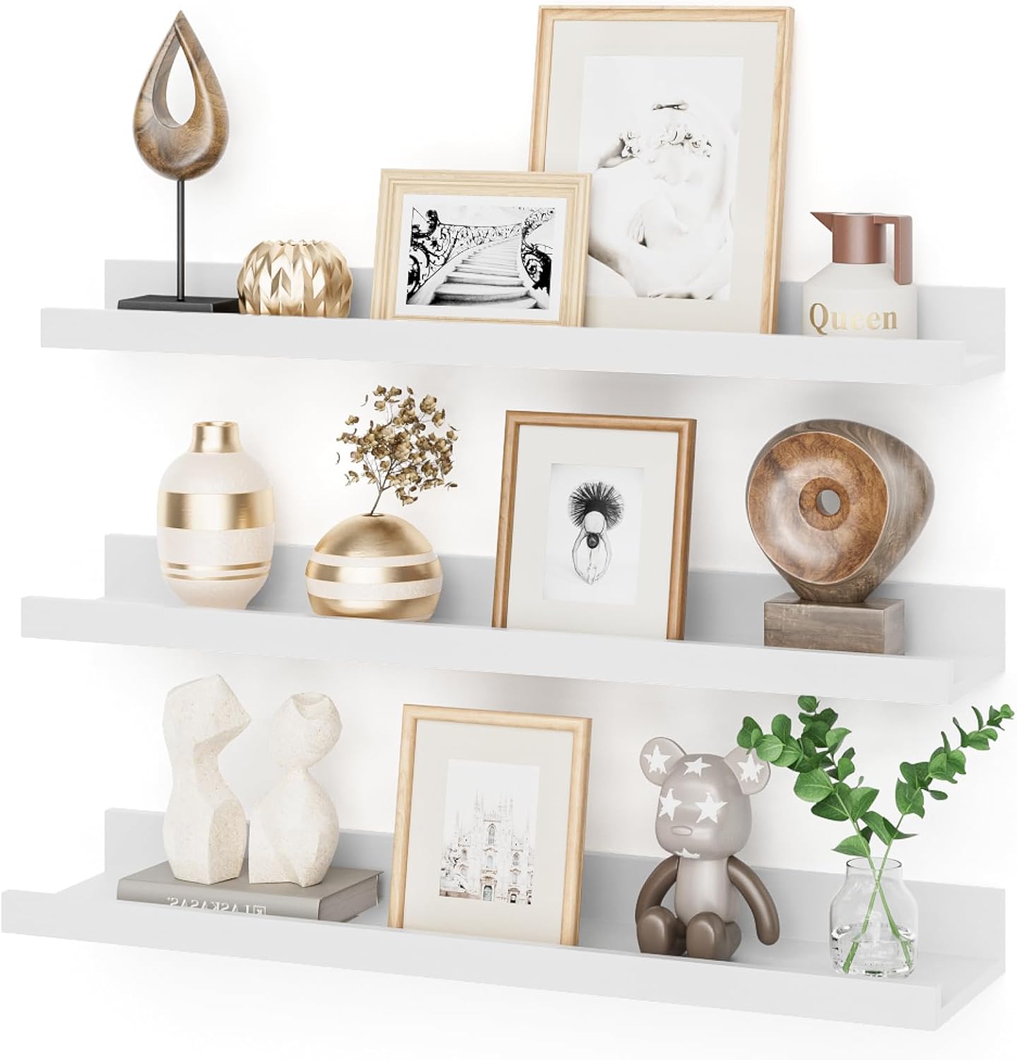 Estante de pared Feihorrm, estante flotante de madera MDF, juego de 3, 60 cm, para marcos de fotos y decoraciones, diseño industrial, ideal para oficina, salón y cocina. (Blanco, 60 cm)