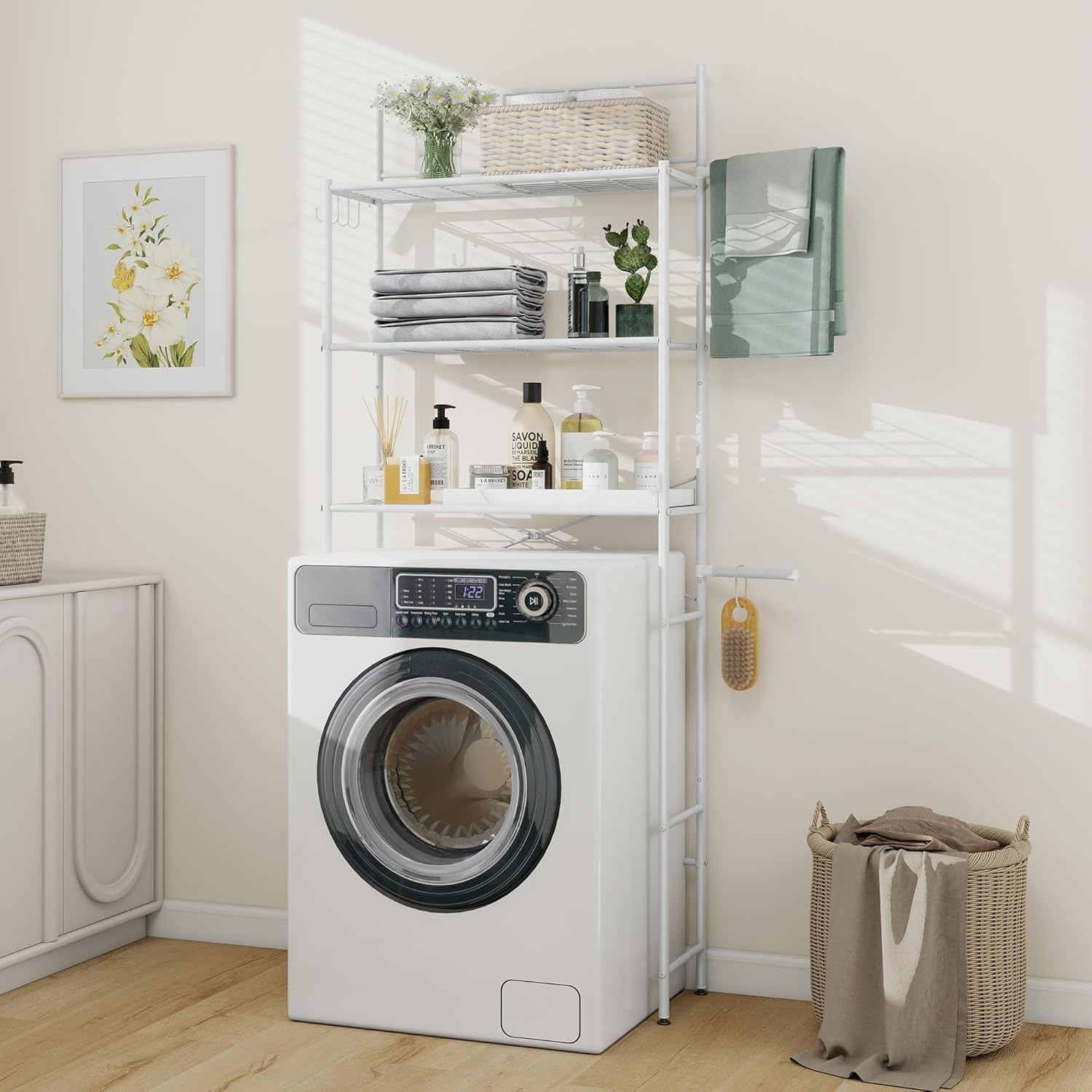 Mueble para lavadora MallCreaty, estante para inodoro, estante de 3 niveles para lavadora, toallero, ahorra espacio para el baño, encima del inodoro, metal, fácil de montar, 65x166x24cm (blanco)