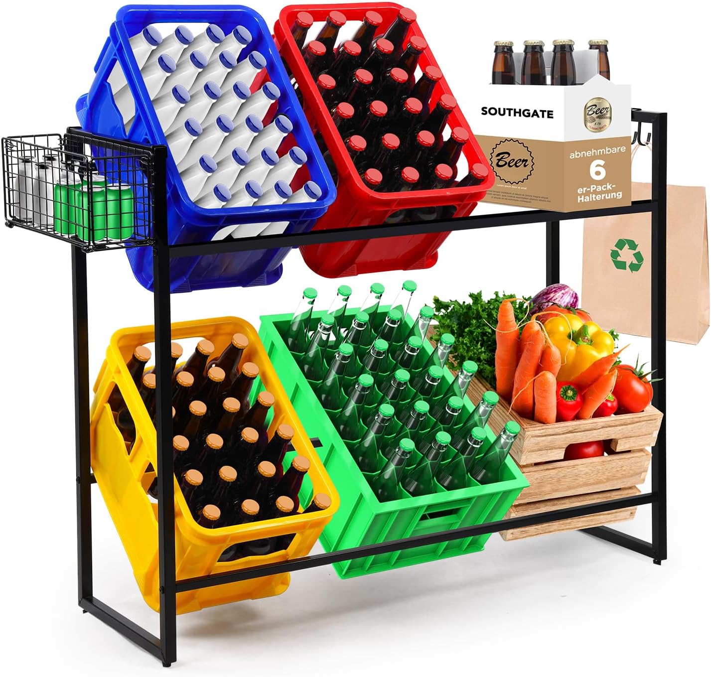 SOUTHGATE Estantería para 6 cajas de bebidas, de metal, estable, para cerveza, frutas, verduras, agua, altura ajustable, para cocina, despensa, garaje, bar, color negro
