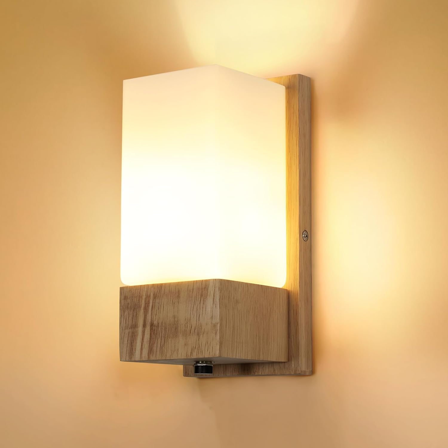 Aplique de pared de madera para interior DELIPOP, lámpara de pared vintage con casquillo E27, iluminación de pared retro con pantalla de cristal para dormitorio, salón, pasillo y escalera.