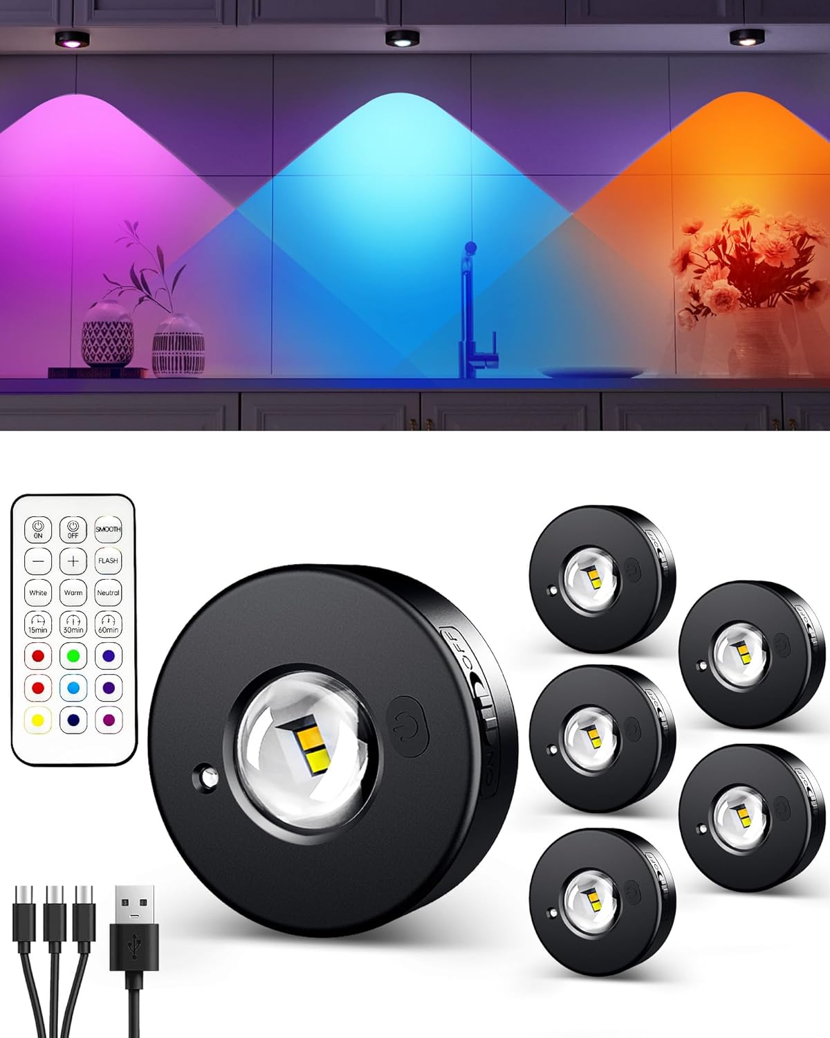 Focos LED RGB EZVALO con batería y control remoto, batería recargable de 1200 mAh, iluminación para gabinetes con temporizador, luz LED magnética para debajo del gabinete, iluminación LED para vitrina