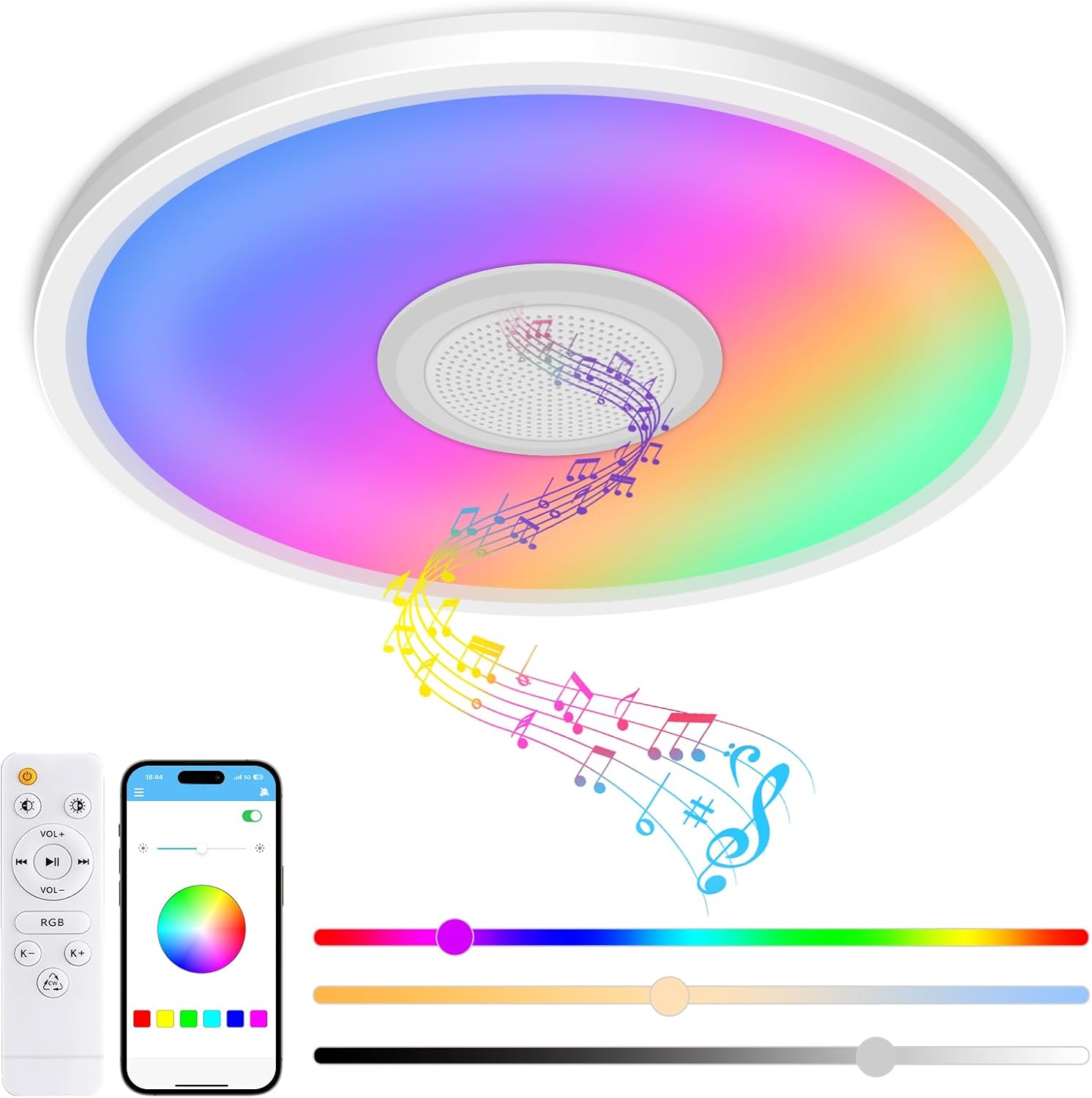 Lámpara de techo RGB zemty ø30cm con altavoz Bluetooth, lámpara de techo LED de 24 W con cambio de color regulable, lámpara de dormitorio inteligente con control por aplicación y control remoto para h
