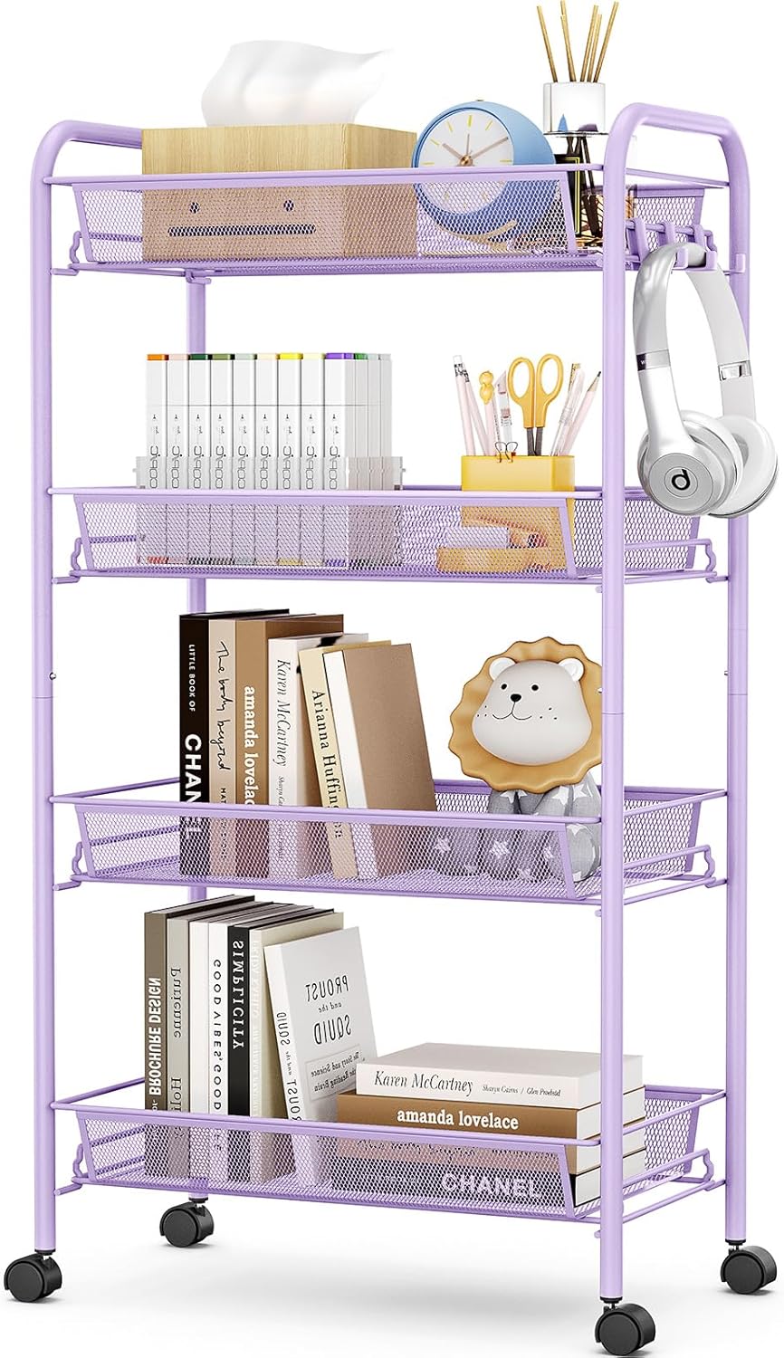 Carrito de cocina móvil multifuncional Urackify de 4 niveles para baño, cocina y lavandería. Metal resistente a la corrosión, cesta de malla transpirable y ganchos laterales incluidos. Fácil montaje, color violeta.