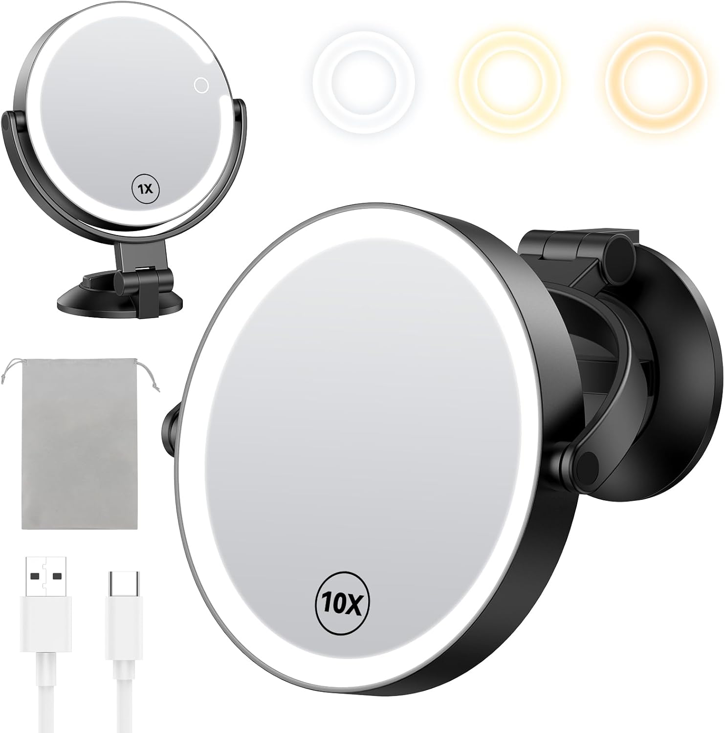 Gospire Espejo de pared de 7 pulgadas con iluminación y aumento de 10x, espejo de baño iluminado de 3 colores con potente cerradura de ventosa, espejo LED para escritorio - negro