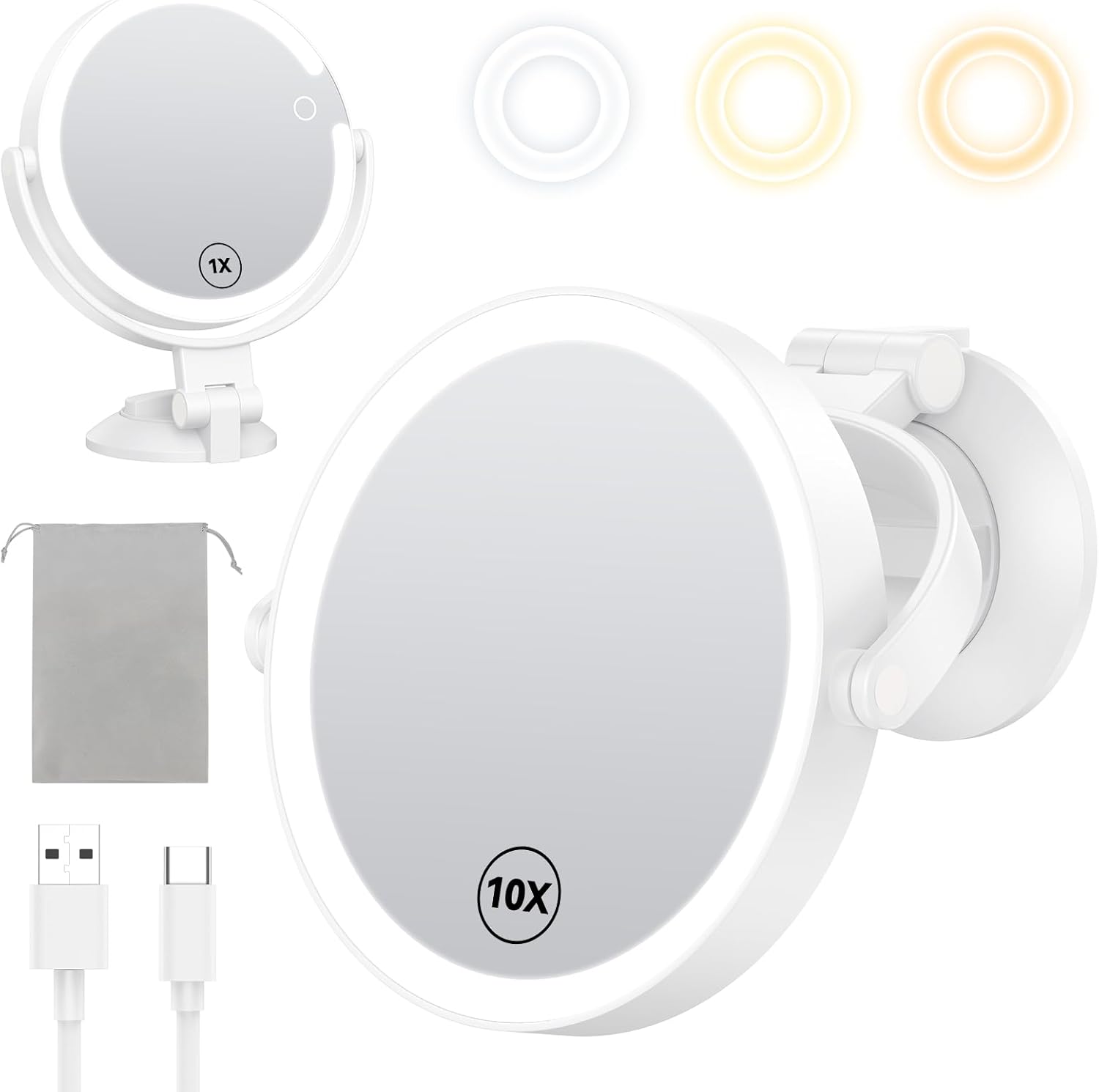 Gospire Espejo de pared de 7 pulgadas con iluminación y aumento de 10x, espejo de baño iluminado de 3 colores con potente cerradura de ventosa, espejo LED para escritorio - blanco