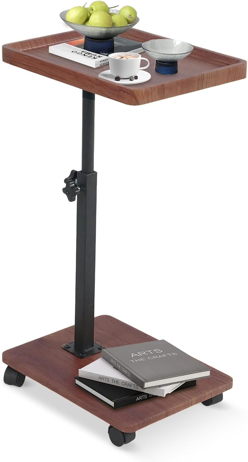 Mesa auxiliar con ruedas, mesa de centro pequeña en forma de C, mesa de sofá regulable en altura, mesa de centro giratoria 360° con tablero, mesita de noche, mesa para portátil, mesita de noche para salón y dormitorio (color nogal)