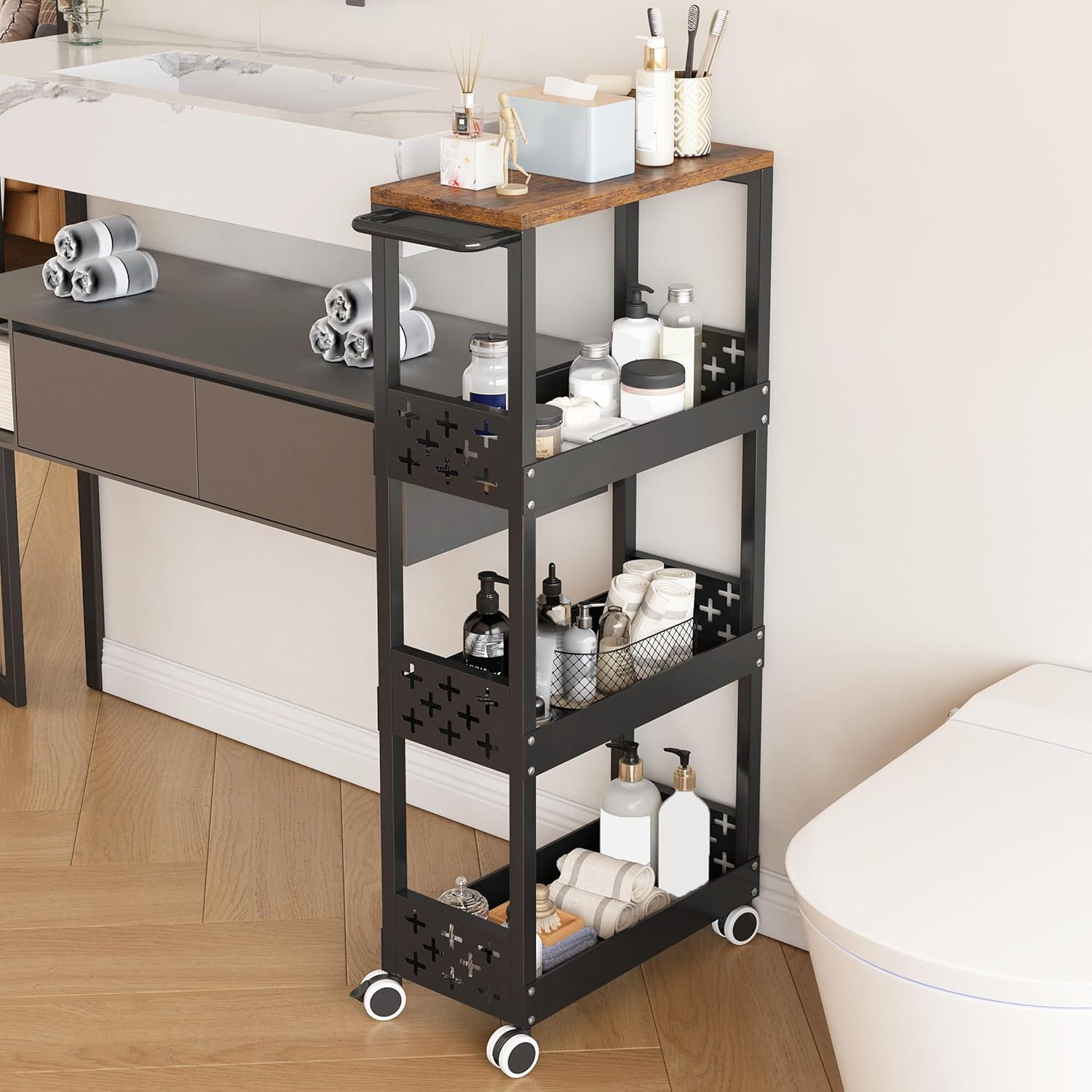 UMDONX - Carrito de cocina de metal con 4 niveles y estante con ruedas, ideal para espacios pequeños, cocina, salón, estudio y baño (negro)