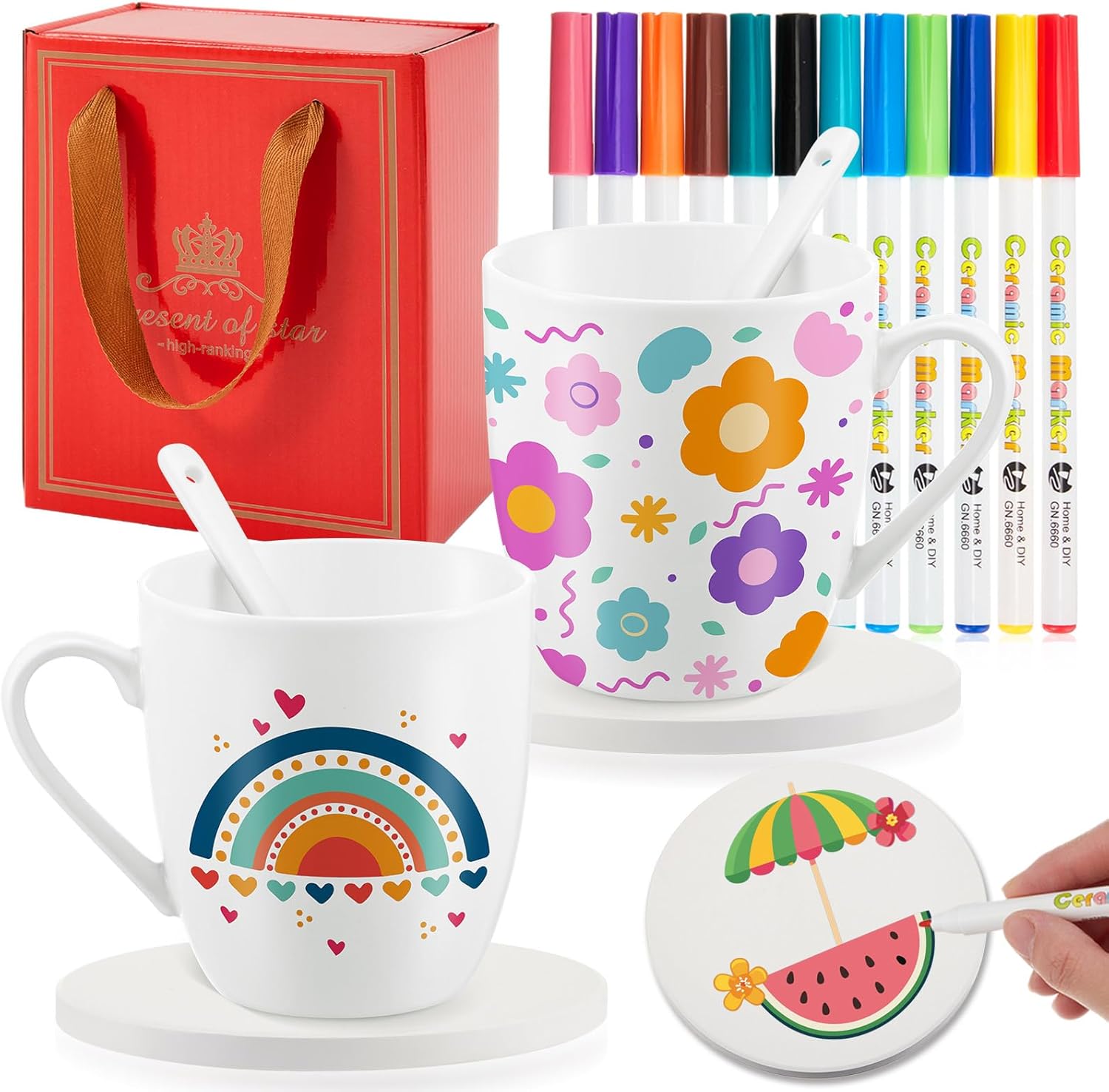 Yaryang Juego de pintura de cerámica, regalo artesanal de Pascua, 280 ml, 2 tazas blancas para pintar, 2 cucharas, bolígrafos de porcelana de 12 colores, posavasos en blanco, tazas de café, juego de m