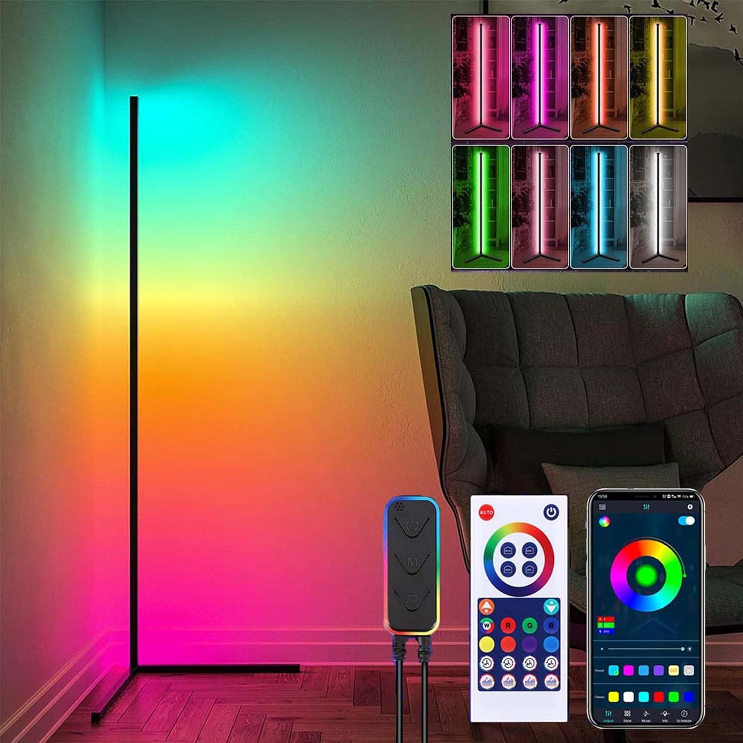 La lámpara de pie LED Rosnek de 120 cm cuenta con una estructura robusta de aluminio, un diseño antideslizante y un sistema de conexión desmontable. Ofrece 16 millones de colores RGB y 300 modos de es