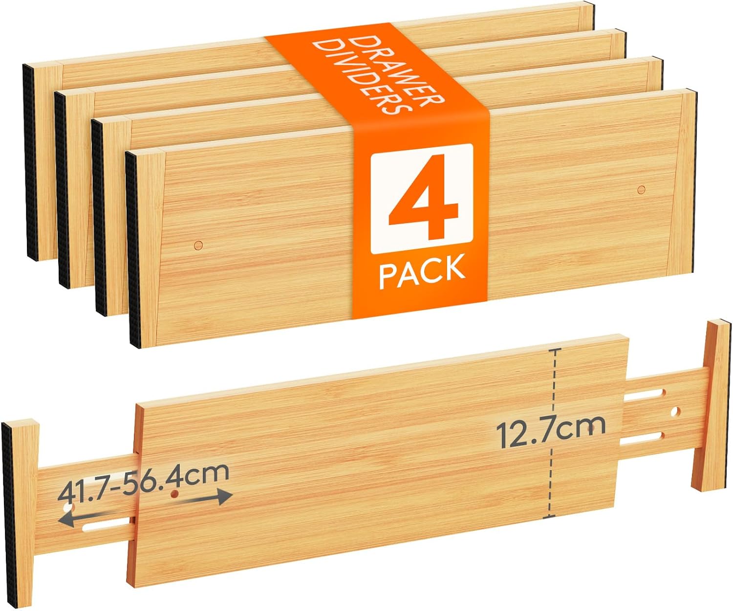 Juego de 4 divisores de cajones Lifewit de bambú natural, ajustables para un largo interior de 41,7 a 56,4 cm y una altura de 12,7 cm, ideal para organizar cocinas, armarios y escritorios.