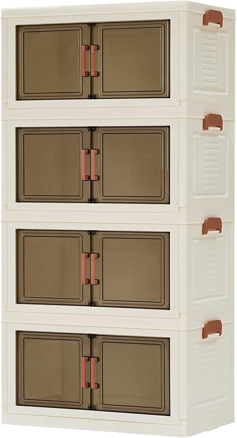 Cajas de almacenamiento HOOBRO con tapa, contenedores de 4 niveles, apilables, plegables, de plástico, para el hogar y la oficina, color blanco EWG422CW01