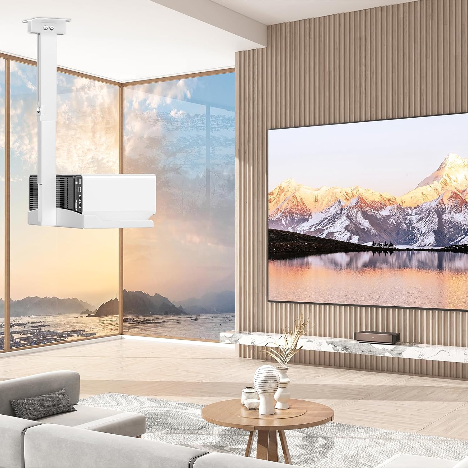 Soporte universal para proyector para techo/pared, soporte universal ajustable en altura con gestión de cables oculta, no requiere perforación, capacidad de carga de hasta 10 kg – ideal para cine en casa y oficina (blanco)