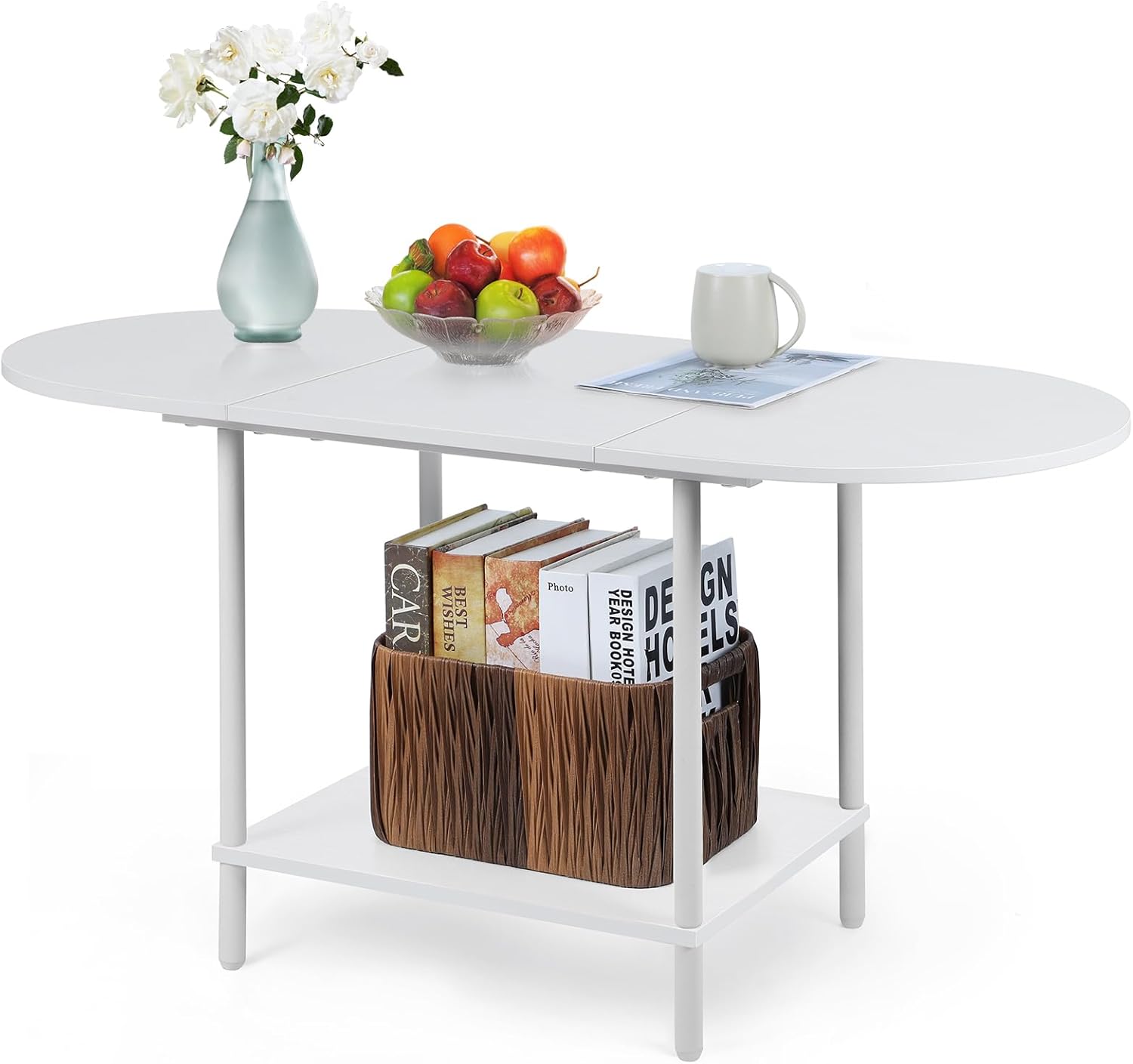 smusei Mesa de centro ovalada, mesa central de 2 niveles con compartimento de almacenamiento para sala de estar, mesa de centro de madera blanca con marco de metal para el hogar