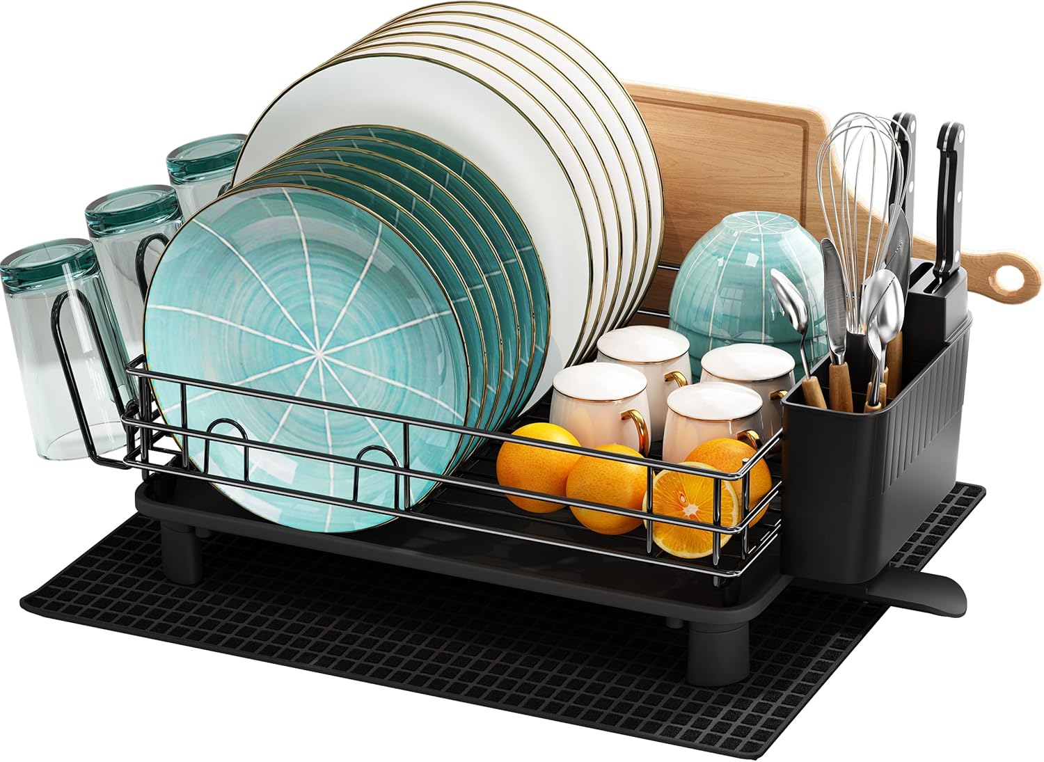 Escurridor de platos MAJALiS con bandeja de goteo, escurridor de acero inoxidable, escurridor de fregadero con escurridor y pico giratorio, color negro