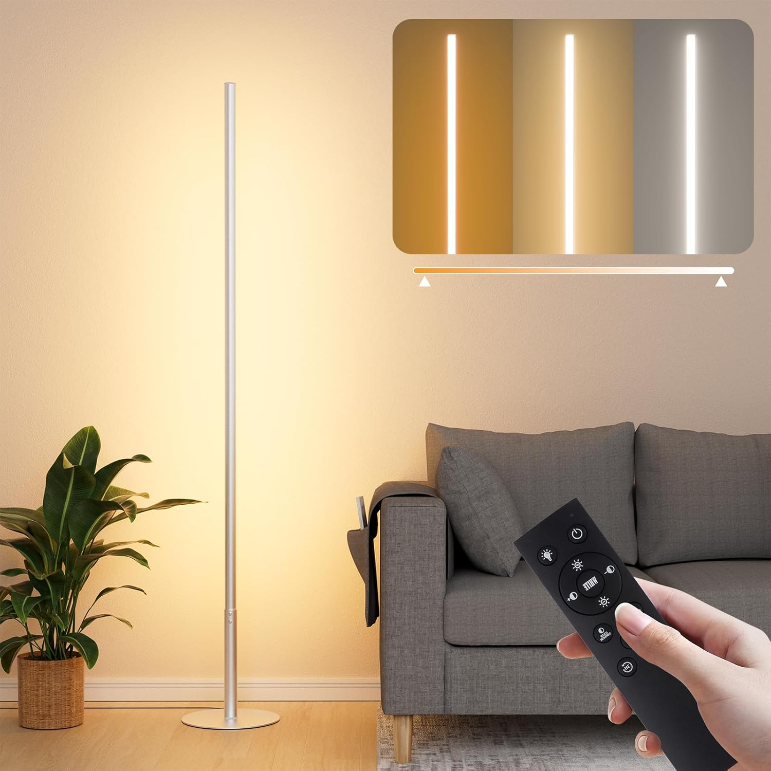 Fortand Lámpara de pie LED regulable, lámpara de pie para salón, lámpara de pie moderna con mando a distancia, lámpara de pie LED con temperaturas de color y brillo continuos de 2700K-6500K, columna d