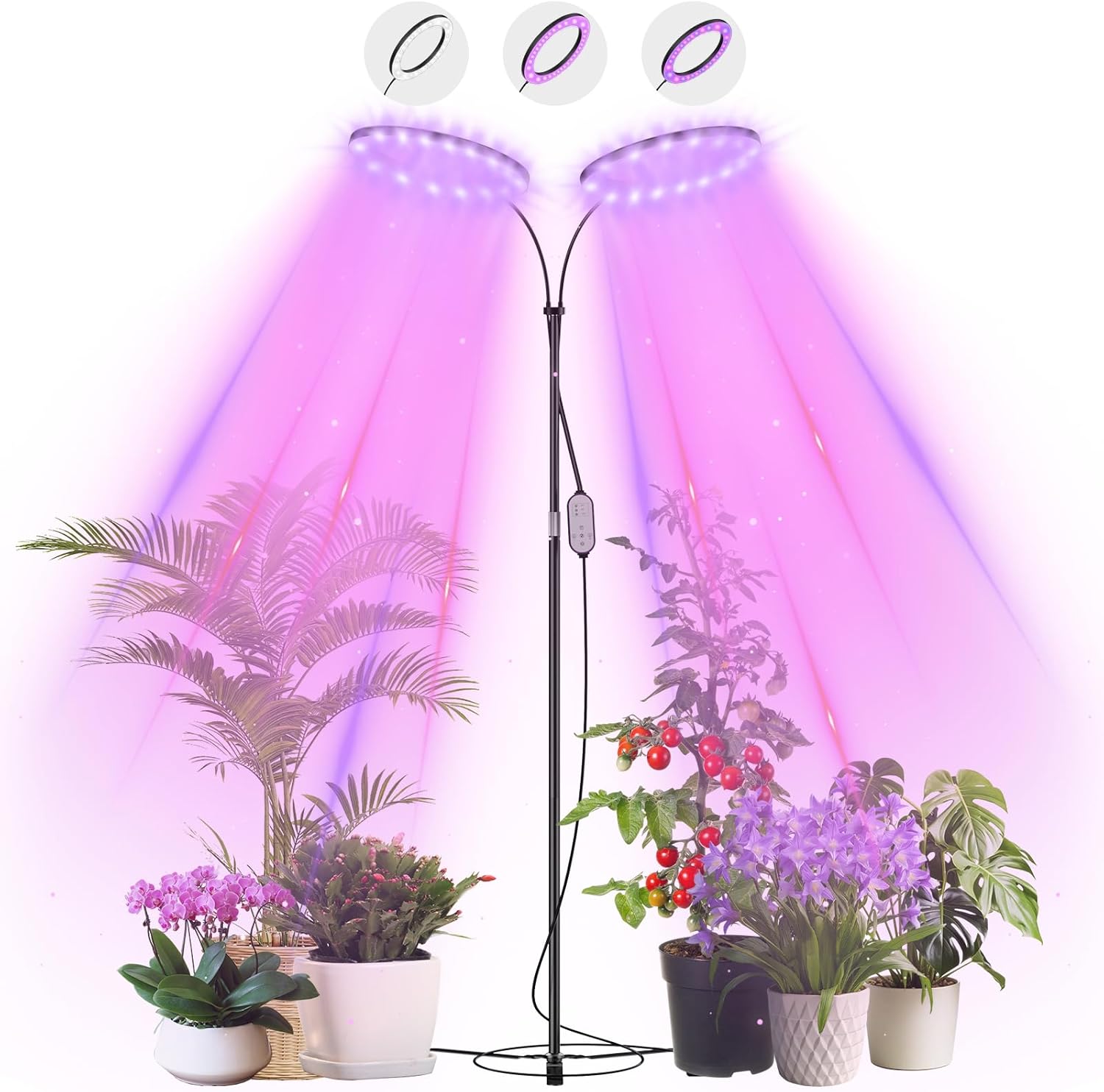 Lámpara LED para plantas Olubfdh de espectro completo, luz de cultivo de 2 cabezales con temporizador y control remoto, luz de altura ajustable para plantas de interior, estanterías, invernaderos e hidroponía en interiores.