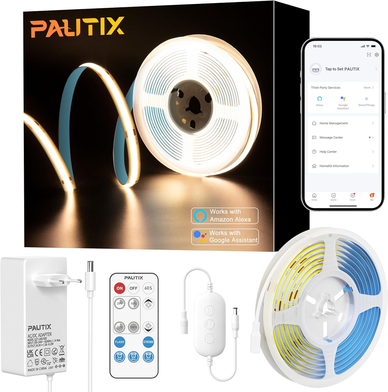 Tira LED PAUTIX de 5M con 480 LEDs/m, temperatura de color 2700K y CRI90+ para una iluminación de alta calidad. Compatible con Alexa y Google Assistant para control por voz. Voltaje de 24V garantiza s