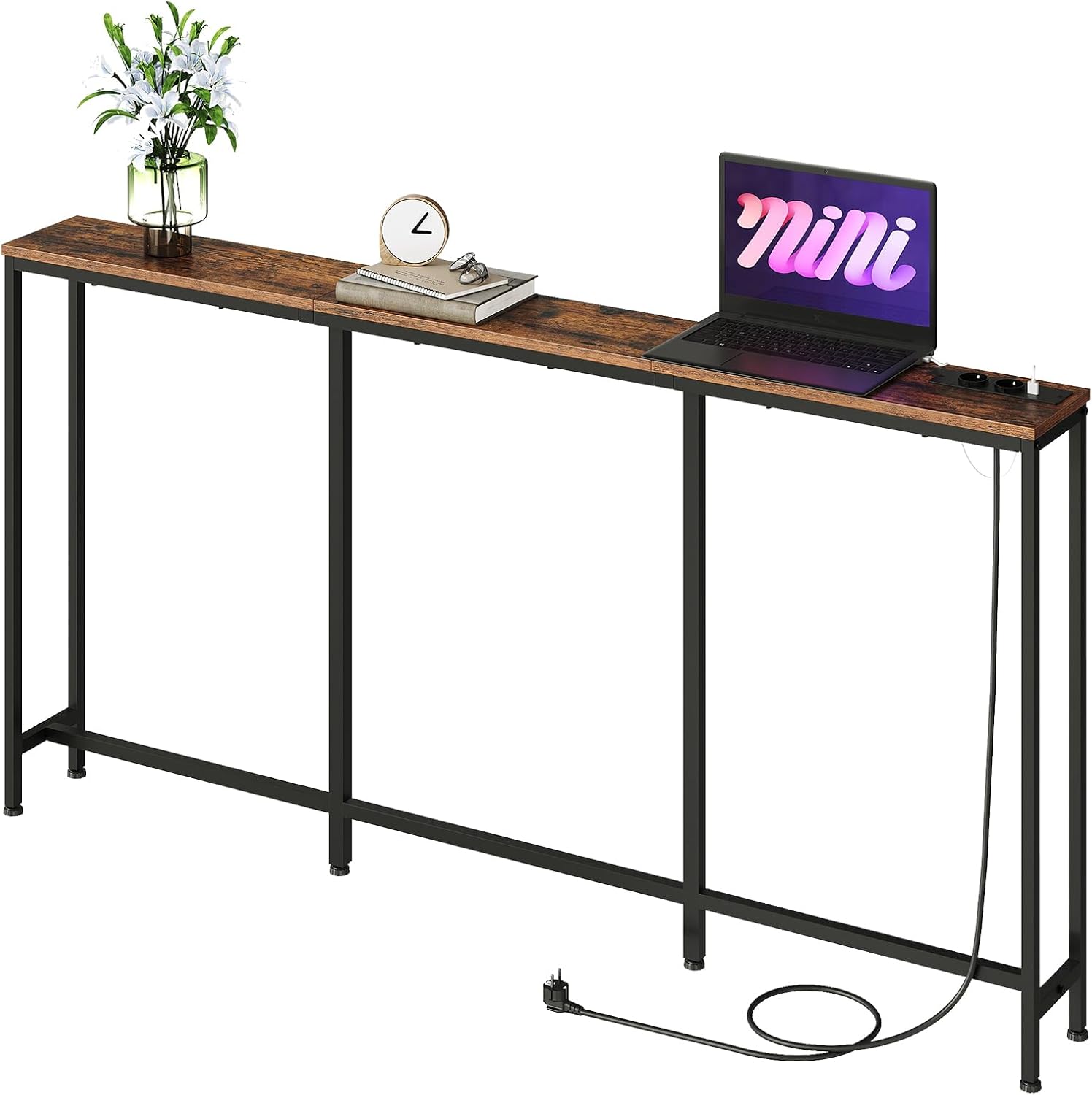 Mesa consola CHOEZON de 160 cm, mesa auxiliar con estación de carga, mesa estrecha para sofá con 2 tomas de corriente y 2 puertos USB, ideal para sala de estar o recibidor. Acabado rústico marrón y negro DTXG16CBF