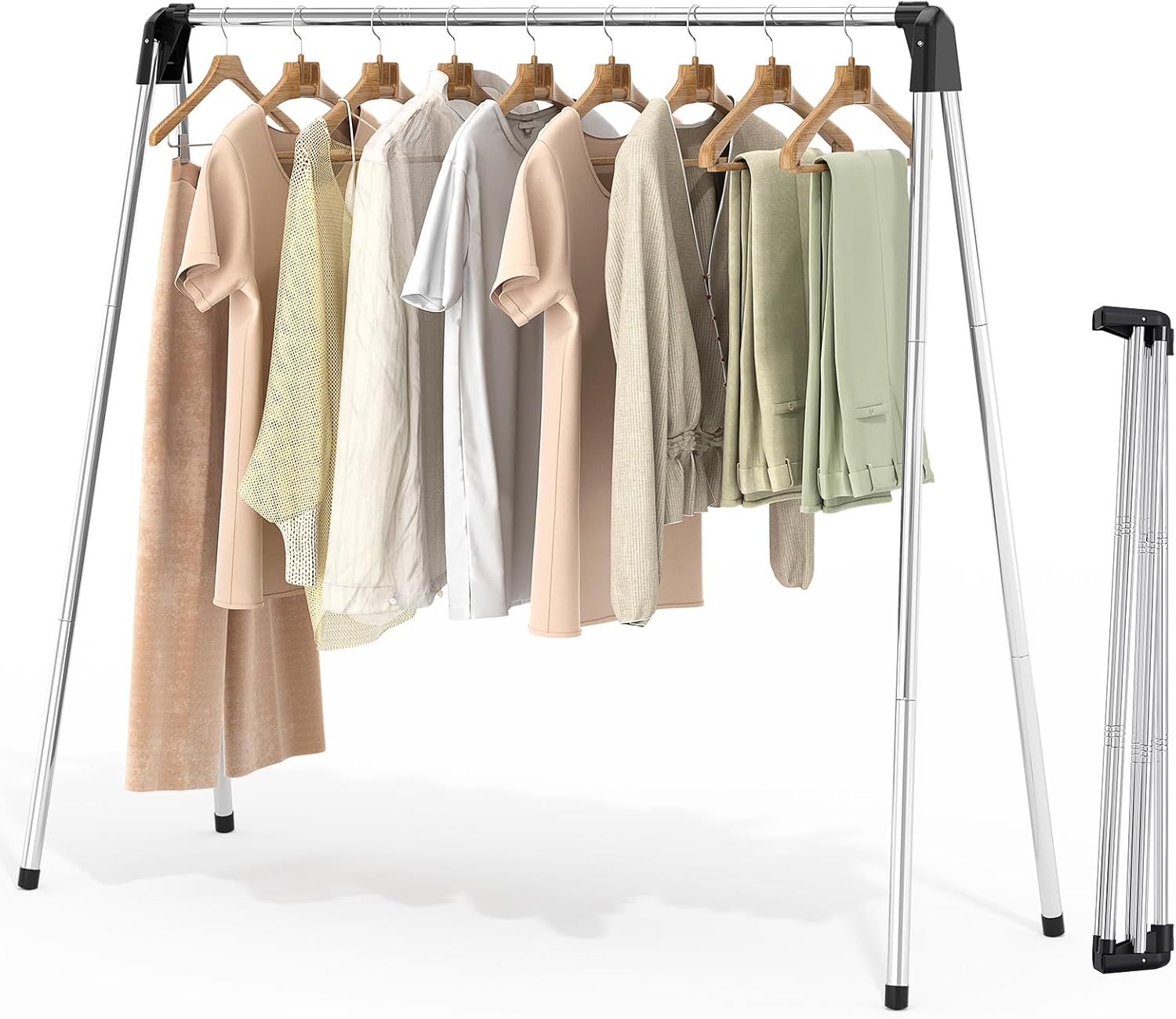 Tendedero plegable SYKIARIOL de acero inoxidable, 140 cm de altura. Gran capacidad de secado, diseño ligero y portátil, fácil de montar y almacenar (dimensiones plegado: 141,5 x 11,5 cm). Construcción duradera y resistente a la corrosión. Ideal para uso interior y exterior con protecciones en los pies para evitar arañazos en el suelo.