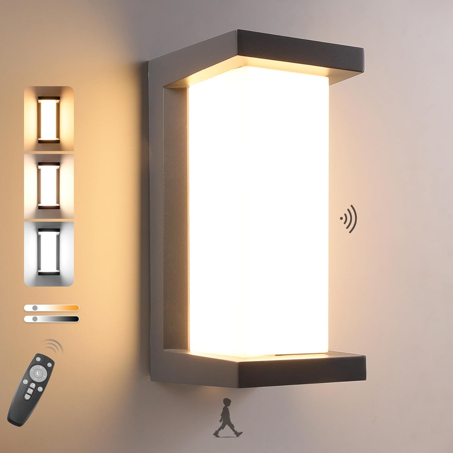 Aplique de pared exterior BOYIR de 18 W con sensor de movimiento, IP65, LED, con mando a distancia, regulable 3000K-6500K, de aluminio, para jardín y patio, color antracita