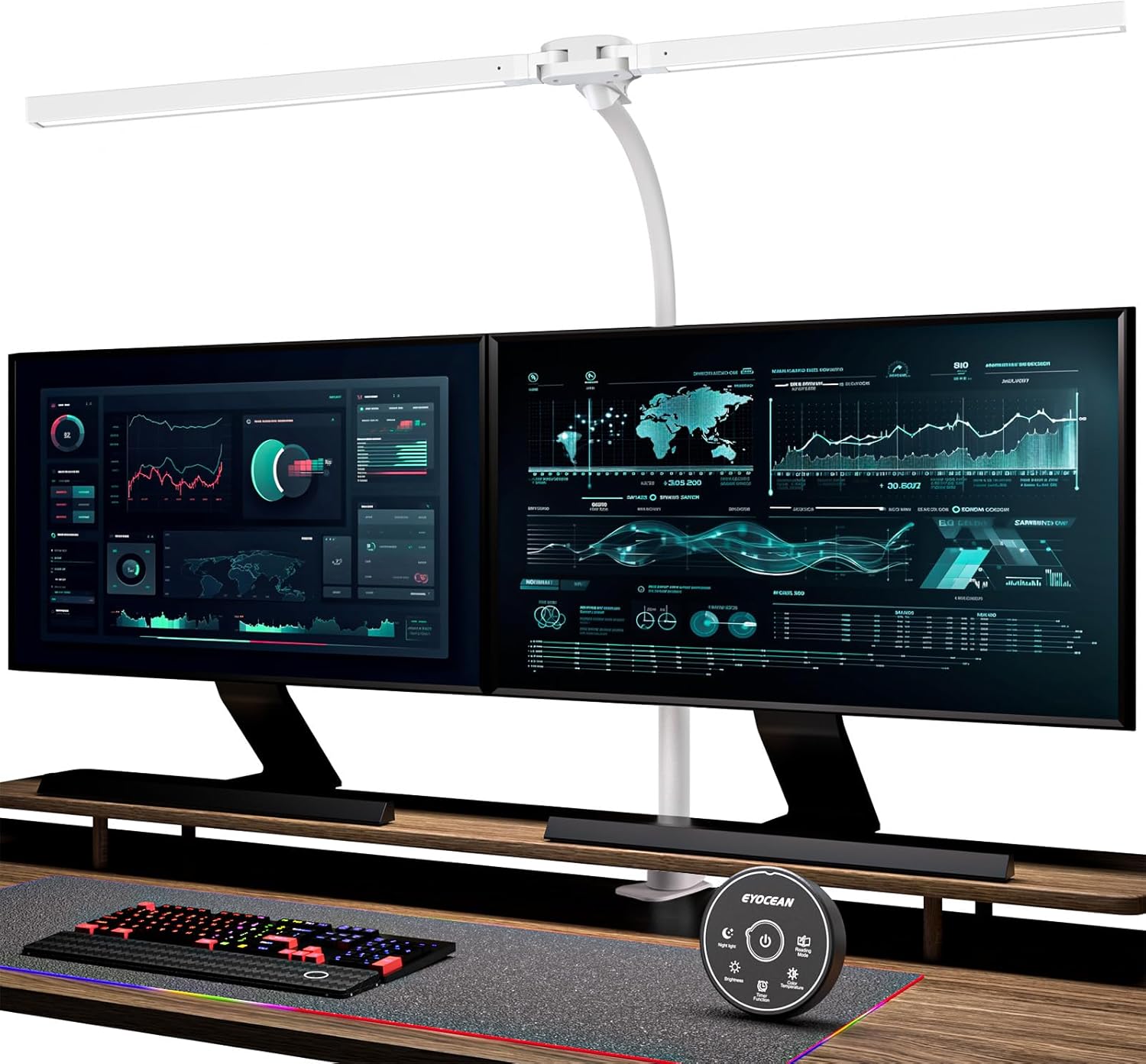 Lámpara de escritorio EYOCEAN, lámpara de escritorio de doble cabezal con abrazadera, lámpara de escritorio de luz diurna de 24 W y 80 cm con control remoto, lámpara de monitor regulable, lámpara de m