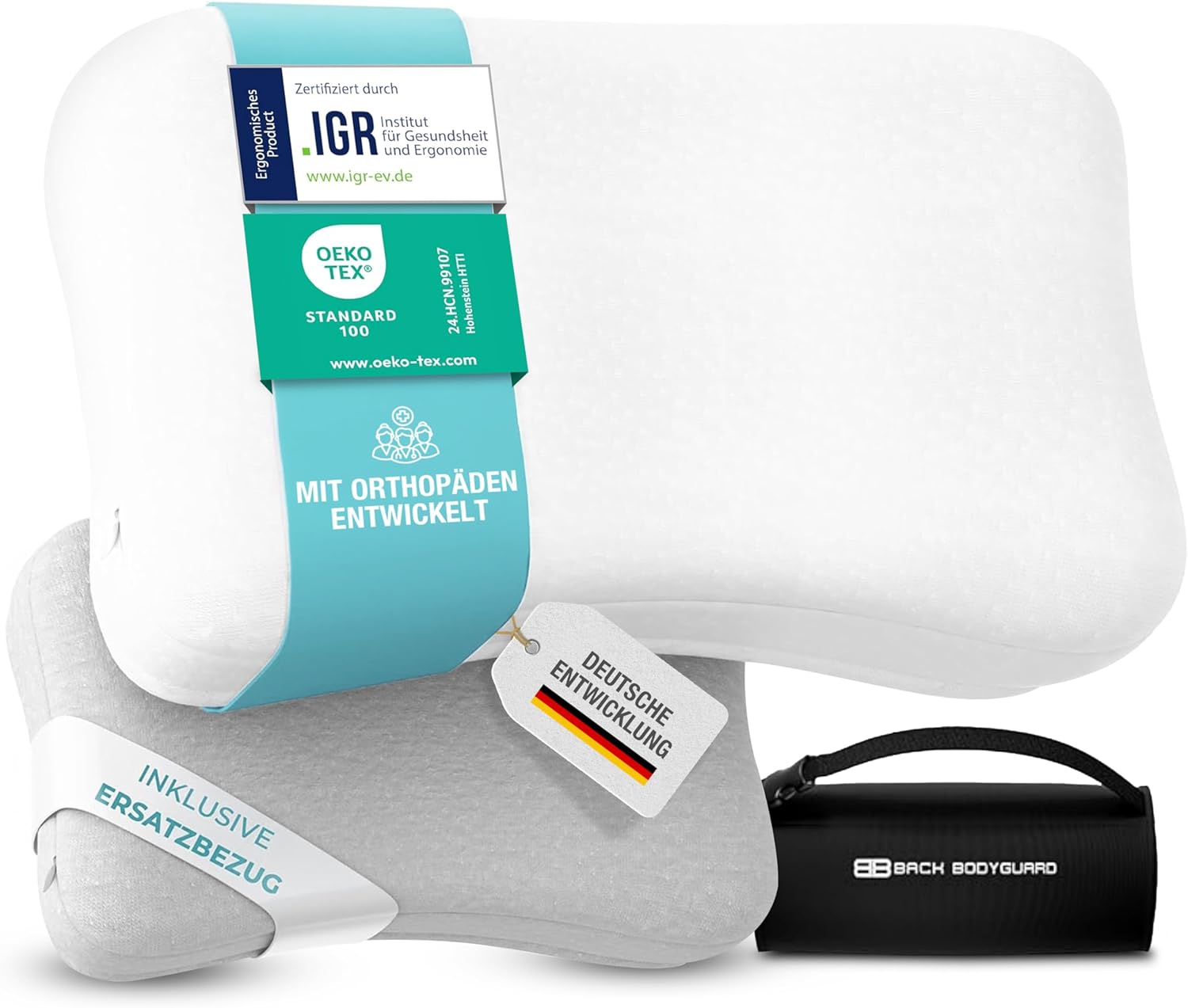 BODYGUARD DE ESPALDA - La almohada para el cuello más suave, almohada ergonómica con 2 fundas, almohada ortopédica - dureza: media - suave (50 x 30 x 12 cm)