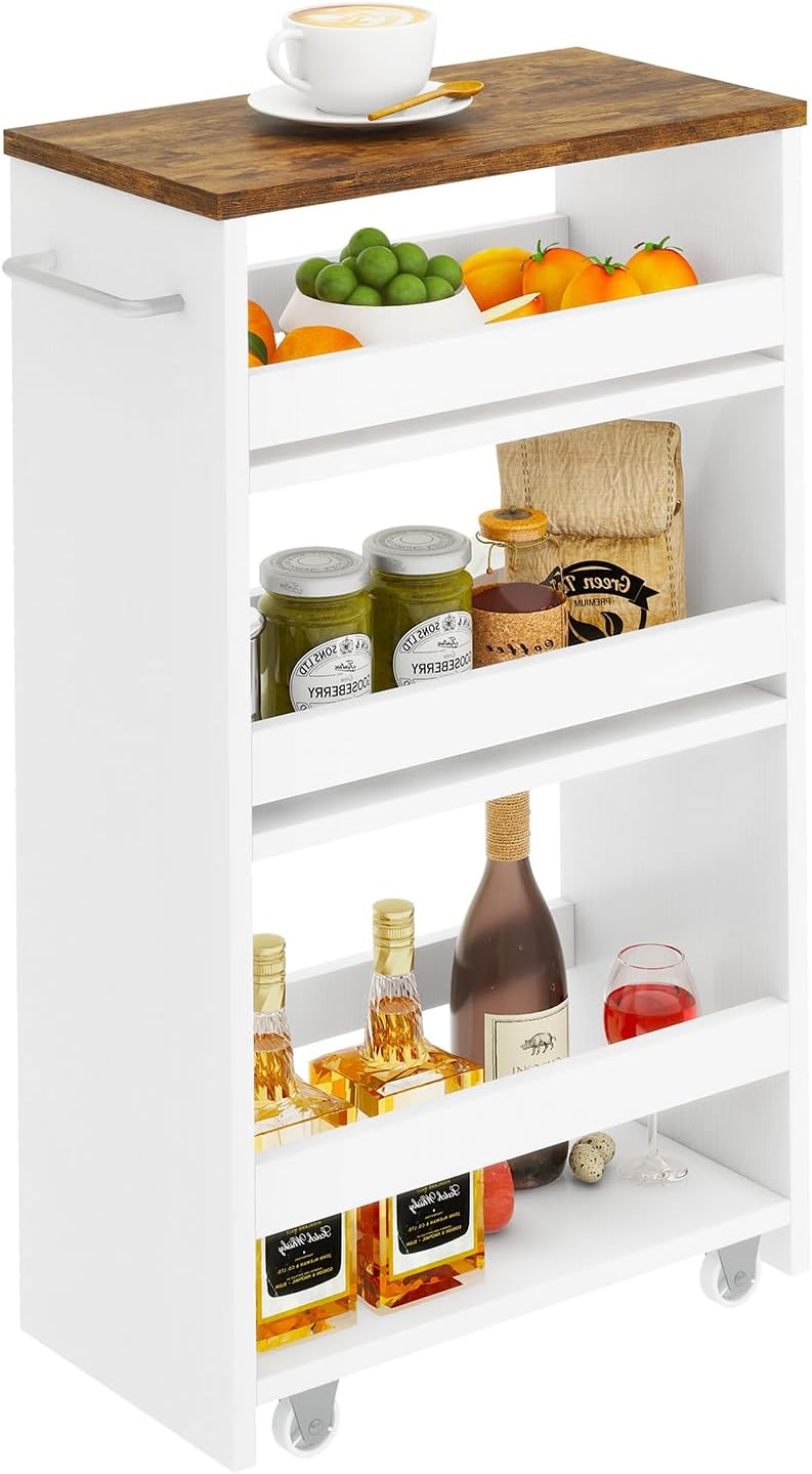 Carrito auxiliar IBUYKE de 20 cm de ancho, 4 niveles, estante de nicho con ruedas, estante de madera con asa para cocina, sala de estar o estudio, blanco WST005W-L