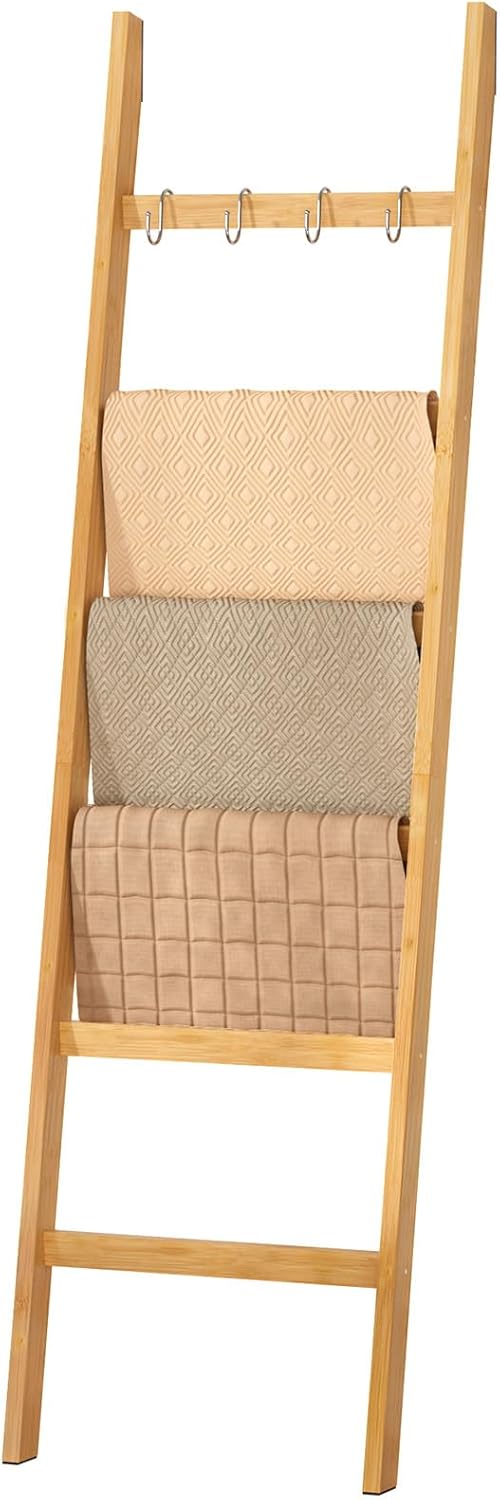 Escalera de bambú Yorbay para toallas, 6 peldaños, con 2 correas de seguridad y 4 ganchos, ideal para baño, 170 x 43 cm (Bambú)
