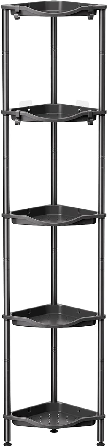 Estante de ducha de pie Lifewit, 5 estantes, organizador de ducha de plástico, sin taladros, altura ajustable, 4 ganchos, organizador de baño, soporte para champú y gel de ducha, color negro