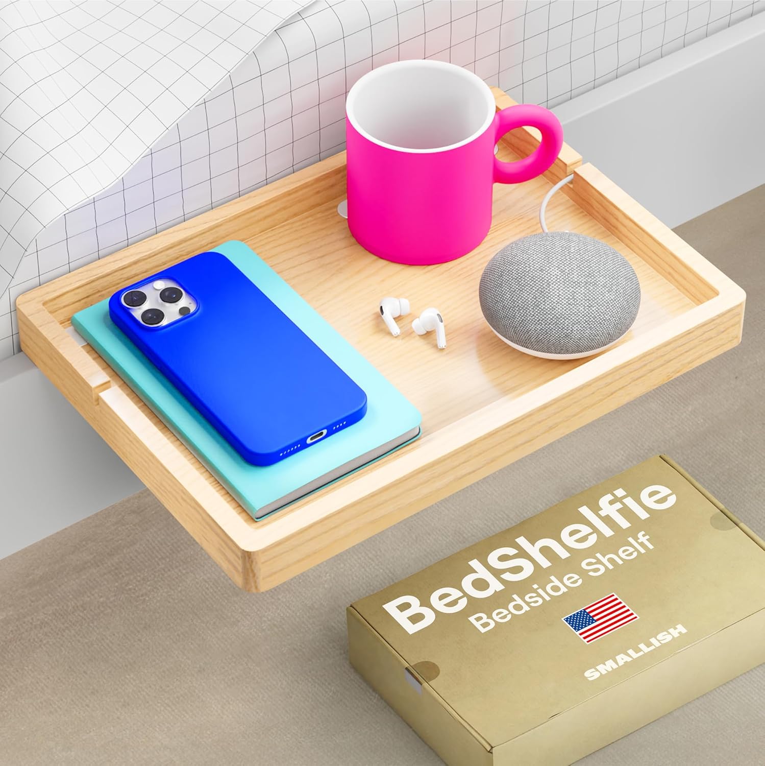 Mesita de noche BedShelfie para literas y camas altas, esencial para dormitorios universitarios, mesita de noche alta, bandeja flotante de almacenamiento, decoración para dormitorios de Smallish - Modelo Flexfit, color natural