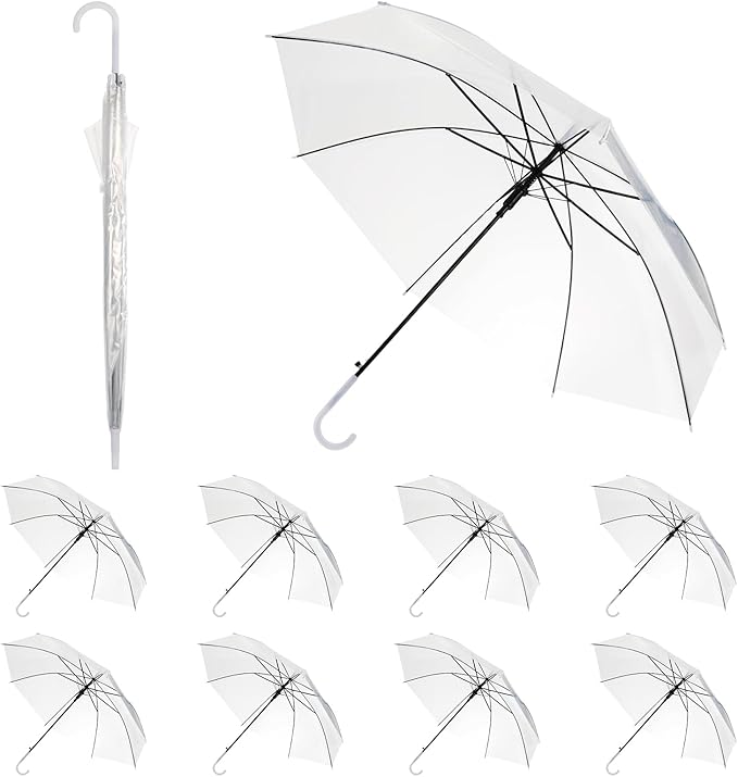 CODOHI Juego de 10 paraguas transparentes, 95 cm, para bodas, paraguas grandes transparentes tipo cúpula con 8 varillas, paraguas blancos semitransparentes con mango automático para mujeres, hombres, novias y damas de honor.