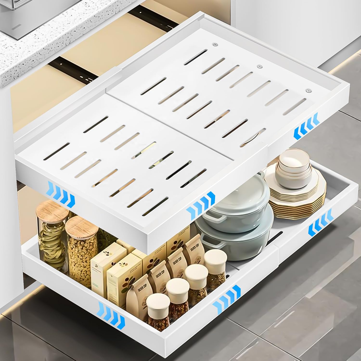 1 Pieza Cajón Telescópico para Pegar, (32-52 cm ancho × 53 cm prof. × 7,5 cm alto) Extraíble para Cocina, Organizador de Cajones de Cocina, sin Necesidad de Taladrar ni Clavar, Blanco