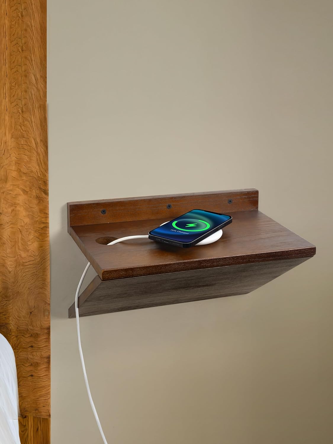Mesita de noche colgante de madera Mazjoaru, mesa de noche pequeña con sistema de gestión de cables, diseño moderno y que ahorra espacio para dormitorio, sala de estar o habitación de invitados, color marrón