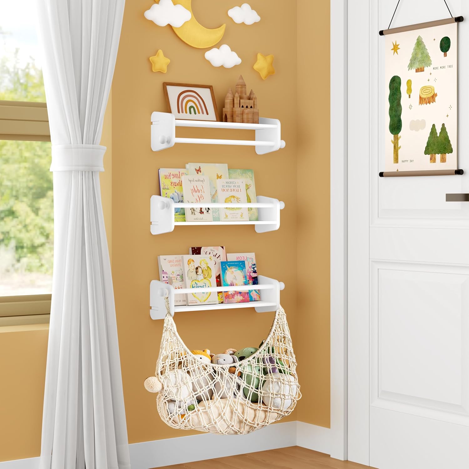 Juego de 4 estanterías de pared GoTiling para habitación infantil: Estante flotante de pared de 40 cm con 1 red de almacenaje - Estanterías Montessori infantiles para libros, juguetes y decoración (Madera, blanco, montaje en pared)