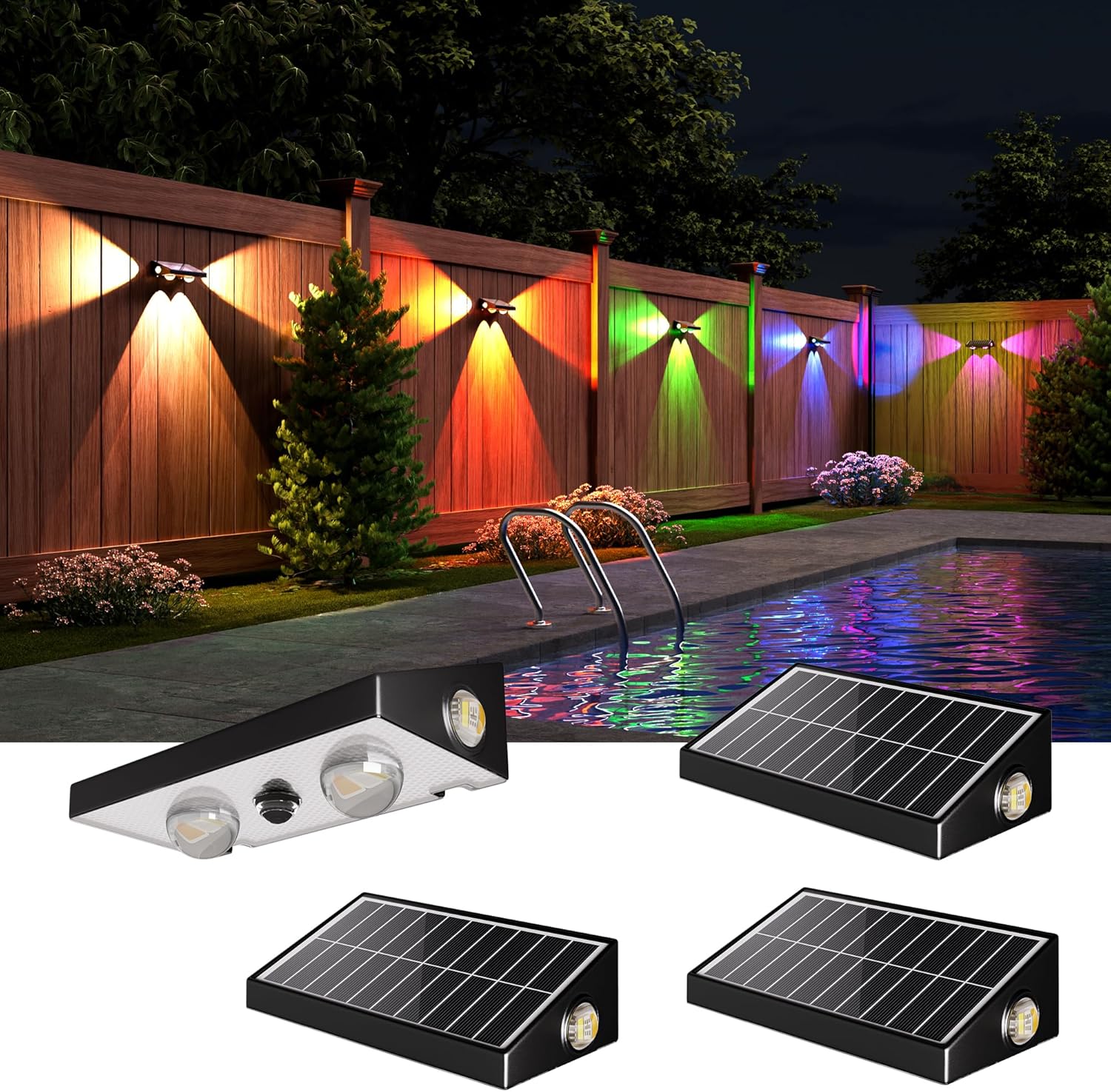 Aplique solar de pared para exteriores JACKYLED – LED RGBCW de 3 vías con lente | Luces solares para exteriores, 10 modos, 50 lúmenes, encendido/apagado automático del anochecer al amanecer, resistente al agua IP65, para paredes, jardín y patio trasero, paquete de 4