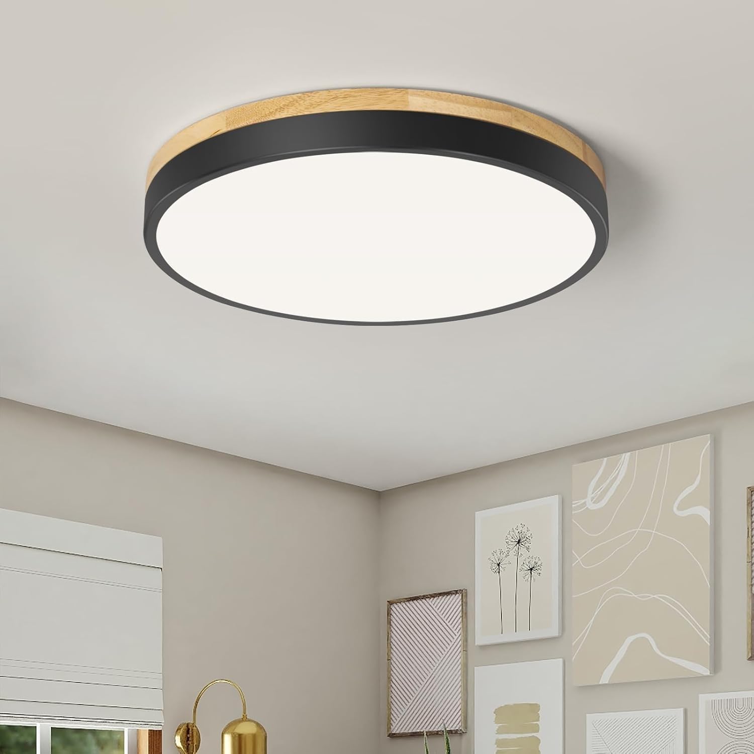 Qamra Lámpara de Techo LED, Plafón Negro 30cm, Lámpara de Madera para Salón, Dormitorio, Cocina, Pasillo, Comedor, 24W 4000K