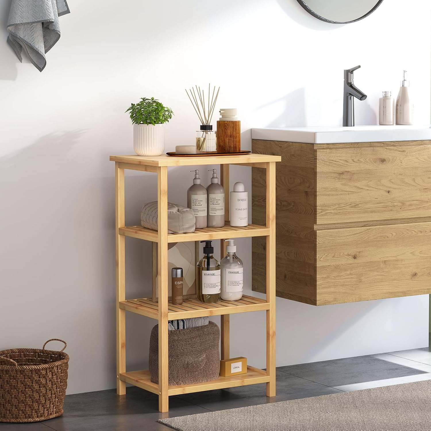 Estantería de baño de pie Dripex, estantería de baño de bambú, estantería de pie con 4 estantes, estantería de cocina ajustable, estantería estrecha de bambú para cocina, baño, salón, pasillo, balcón, 40 x 30 x 70 cm