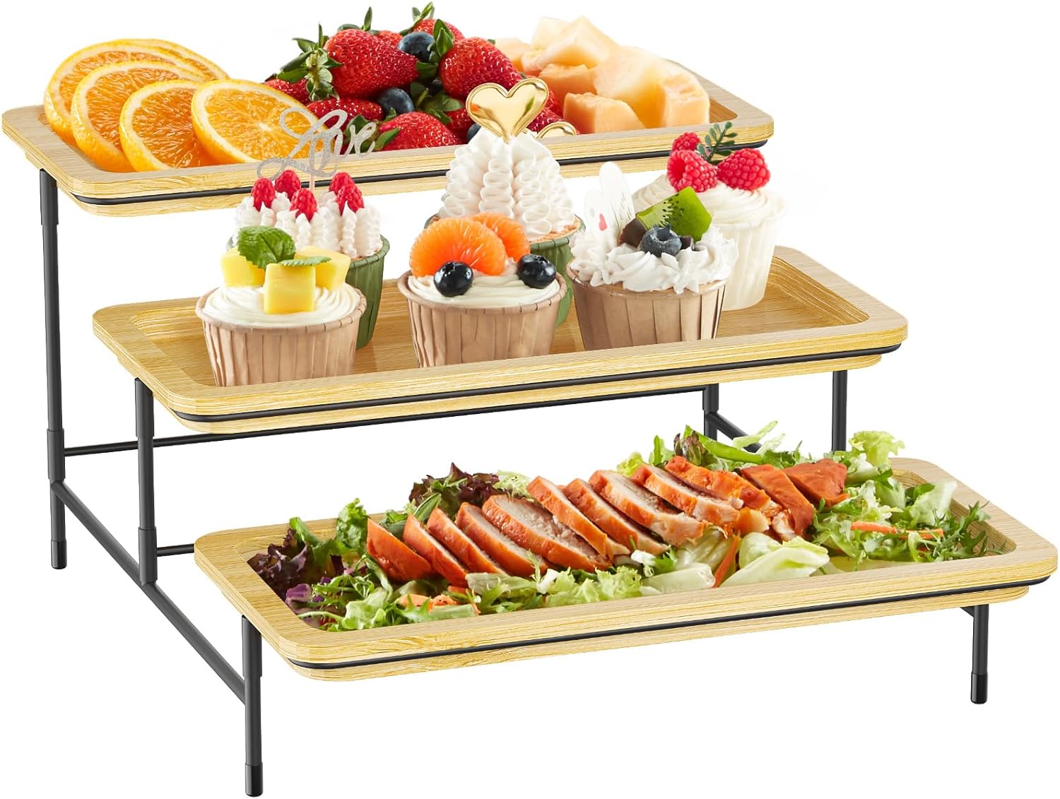 Bandeja de bambú Lifewit de 3 niveles (30 x 17 cm) con soporte de metal negro para fiestas, accesorios de bufé, bandejas reutilizables grandes, expositor para verduras, frutas y postres.