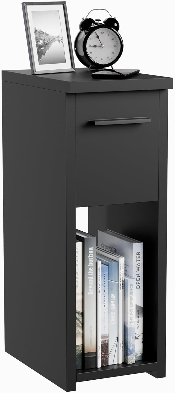 Mesitas de noche ComfortCove para dormitorio, con cajón y tirador, estrechas, con estante, color negro. Dimensiones: 20 x 55 x 30,5 cm (ancho x alto x profundidad).