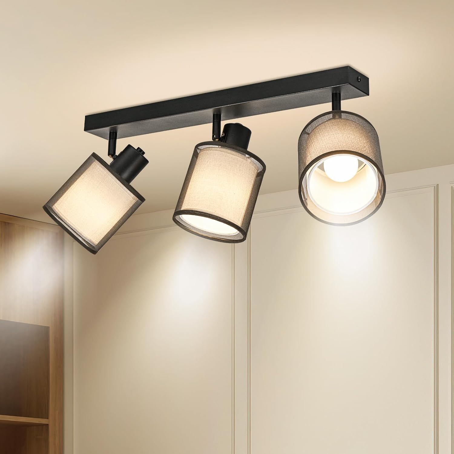 Lámpara de Techo 3 Focos Orientable, Negro Plafones de Techo E14 Plafón Foco de techo Retro Aplique Pared Interior Giratorios blanco cálido Para Cocina Pasillos Salón, Sin Bombilla