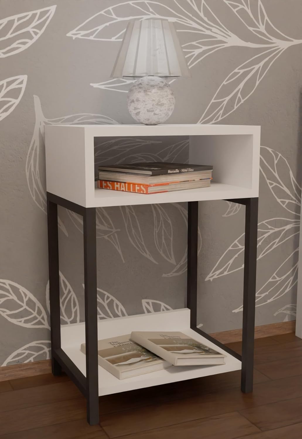 ETNIC ART Mesita de noche de diseño minimalista moderno, mesa de centro de 3 niveles, estante de suelo de madera y metal de alta calidad, mesita de noche para dormitorio, mesa de centro moderna (BLANCO)