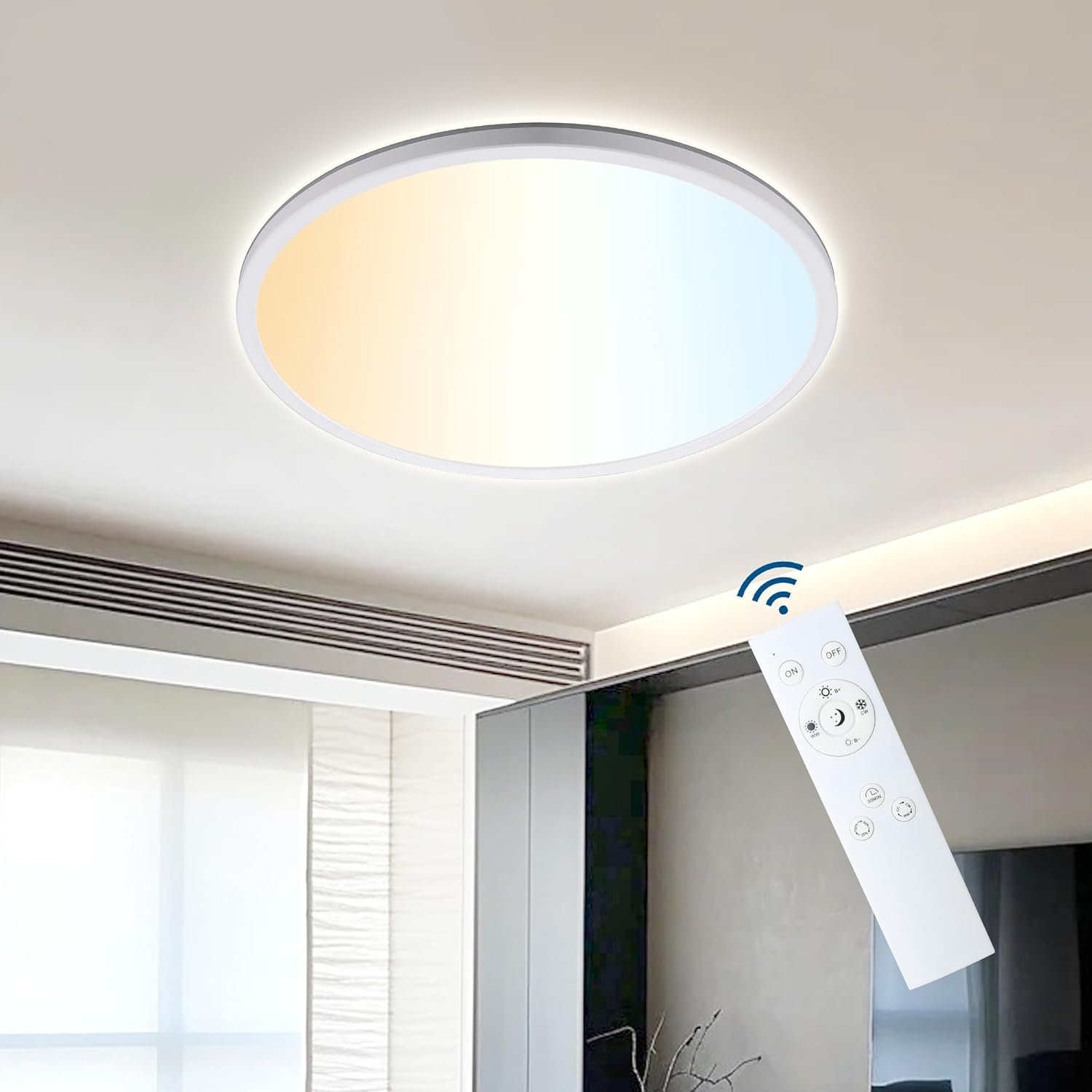 Lámpara de techo LED ONDTA, regulable, 22 W, 2800 LM, 2700 K-6500 K, con mando a distancia, IP44, para baño, cocina, habitación infantil, dormitorio y pasillo, blanca, redonda, Ø42 cm