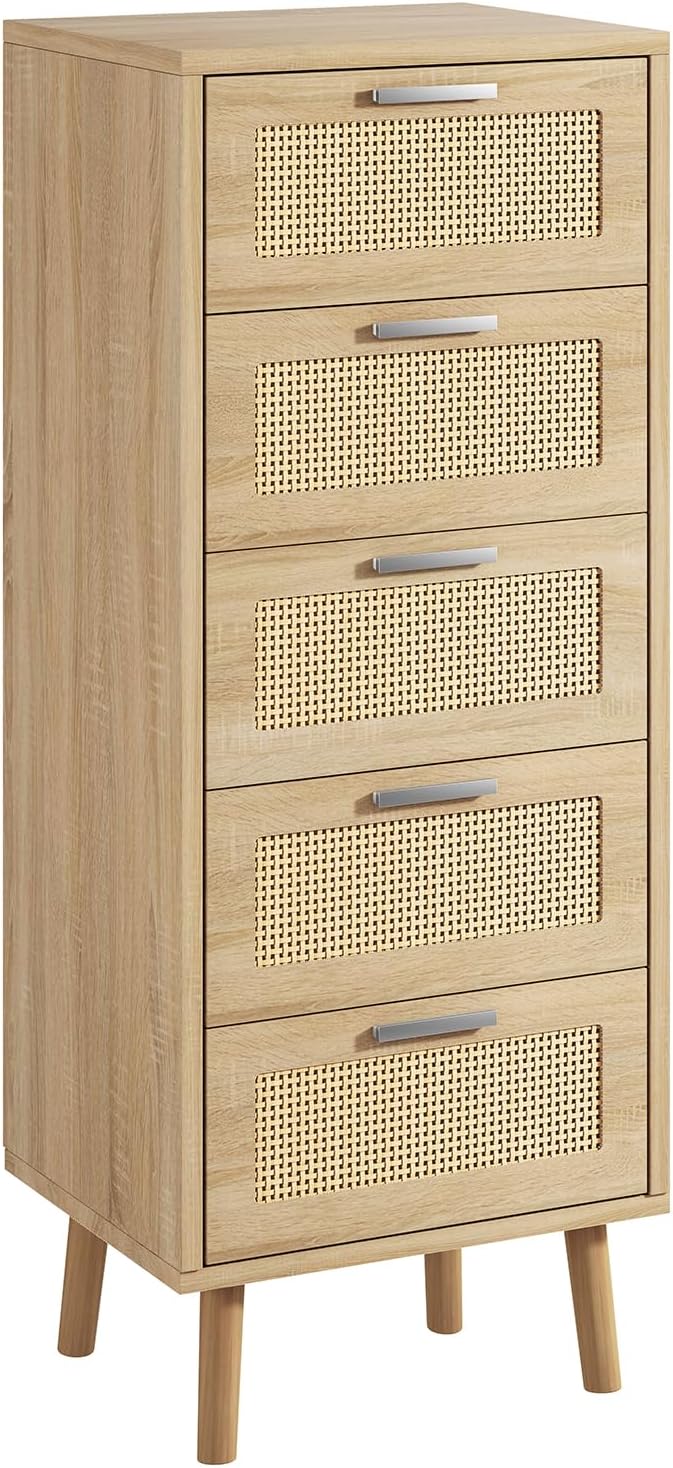 Cómoda IBUYKE, armario de ratán con 5 cajones, mueble de madera, estilo bohemio para dormitorio, salón y recibidor, color natural WST010N