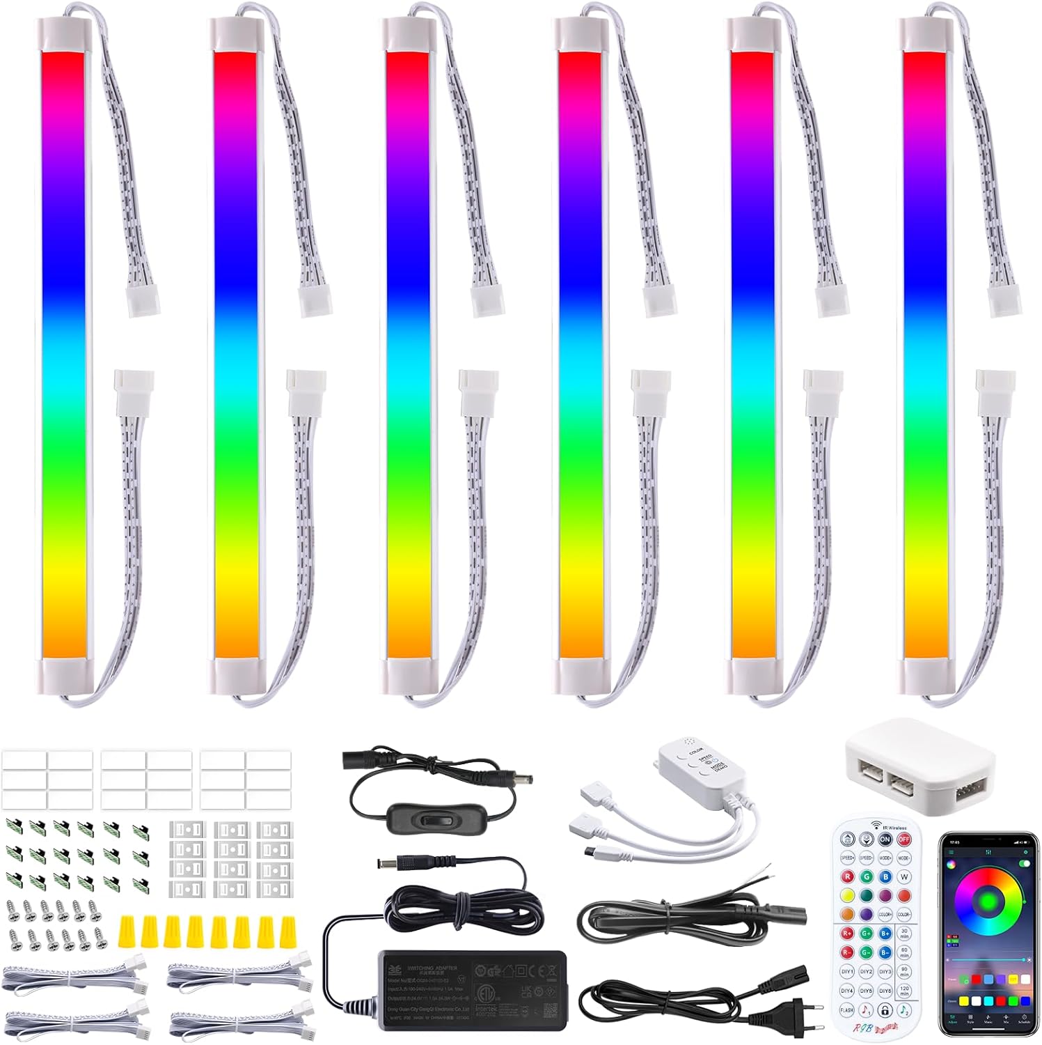 Iluminación LED RGB para armarios LABOREDUCER con control remoto, paquete de 6 unidades, luz LED para debajo de los armarios, regulable con aplicación y función de temporizador para armarios de cocina (RGB+6000K)