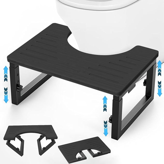 Taburete plegable para inodoro Caossuixin para adultos, de metal con estructura de madera, taburete de bambú ajustable en altura, taburete con escalón para adultos, taburete antideslizante para niños - Negro