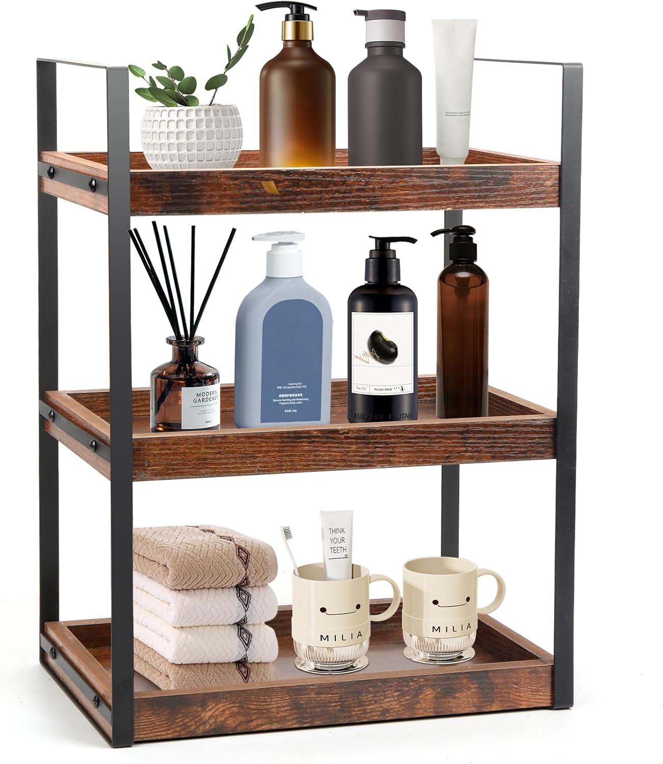 Estante de baño de tres niveles en marrón oscuro, organizador independiente, de madera resistente a la humedad, con marco de metal, especiero para cocina.