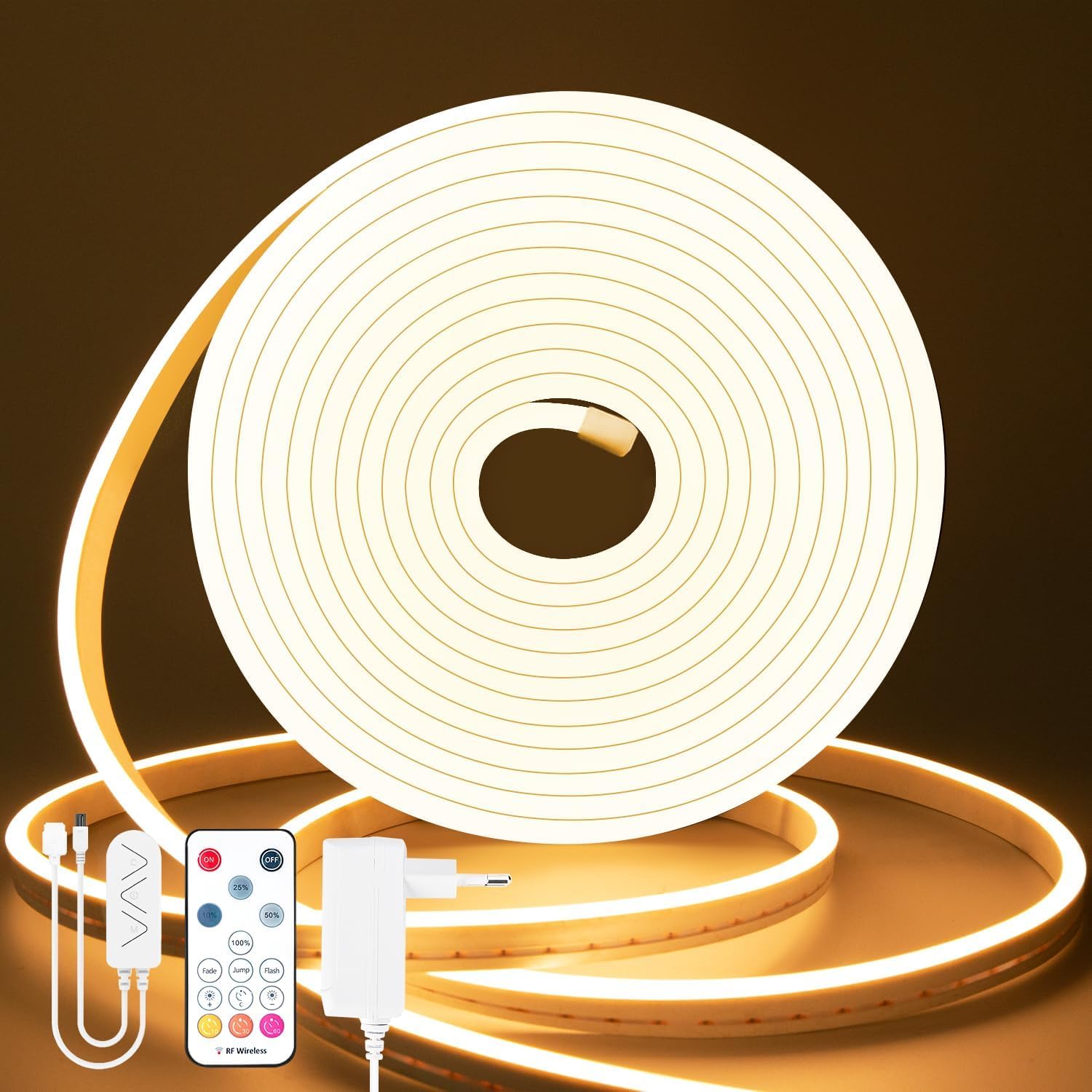 Tira LED Lamomo de 5 m, blanco cálido, regulable de 12 V, neón, resistente al agua, 3000 K, flexible de silicona, con fuente de alimentación y control remoto IR para decoración de interiores, exteriores, cocinas y hogares.