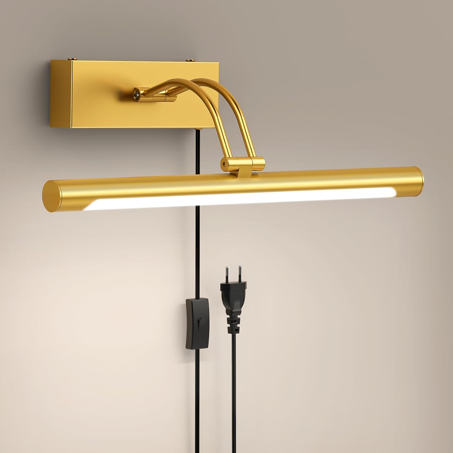 Lámpara para cuadros LABOREDUCER con enchufe y cable, lámpara LED de 4000K, luz giratoria de 36 cm para marcos de fotos, ideal para pintar, fotografiar, jugar a los dardos y iluminar espejos (latón dorado).