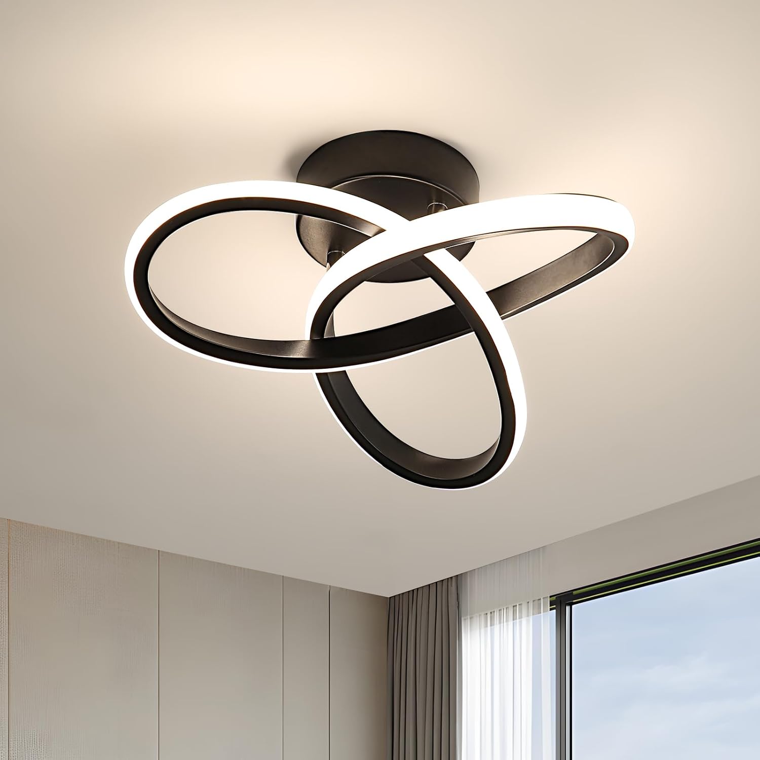 Lámpara de techo LED moderna Goeco, 22 W, color negro, con pantalla acrílica, diseño de flores en espiral, luz neutra de 4500 K, para salón, dormitorio y cocina, 25 x 25 x 12 cm