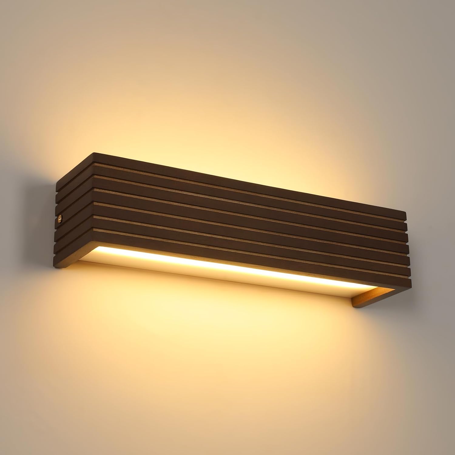 Aplique de pared de madera Pheashine para interiores, lámpara LED de 18 W, 34 cm de largo, diseño moderno de iluminación de pared vertical para sala de estar, dormitorio y escaleras, blanco cálido de 3000 K.
